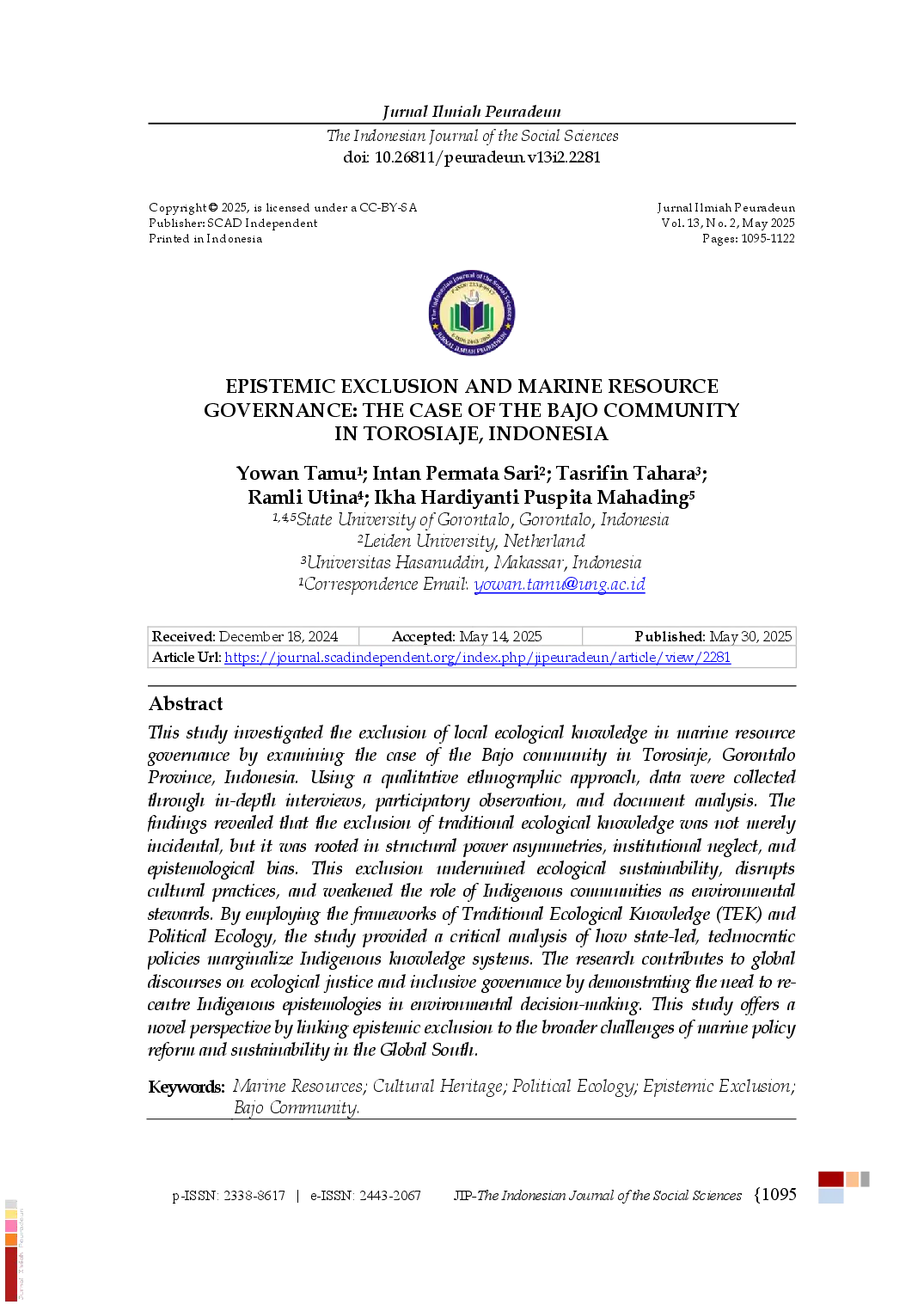 juris Epistemic Exclusion and Marine Resource Governance The Case of the Bajo Community in Torosiaje Indonesia