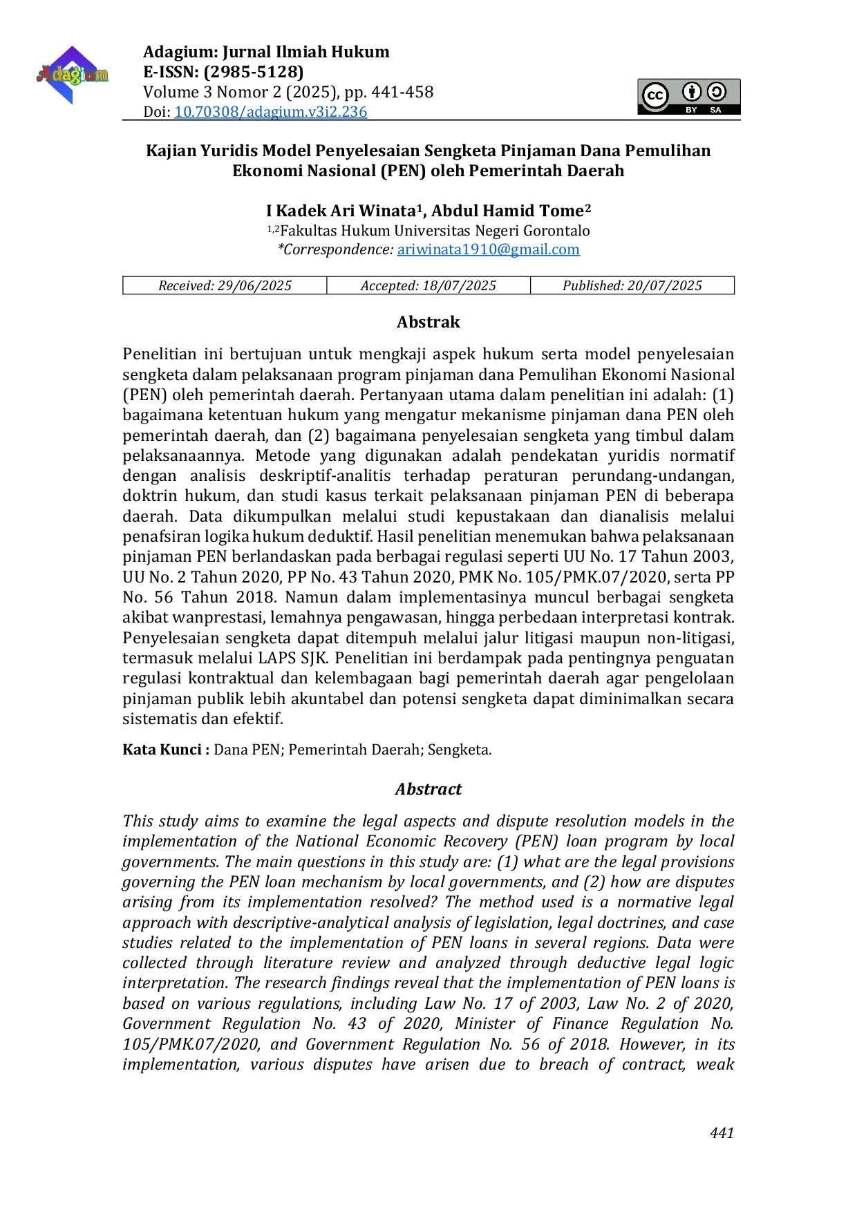 JURIS Kajian Yuridis Model Penyelesaian Sengketa Pinjaman Dana Pemulihan Ekonomi Nasional PEN oleh Pemerintah Daerah