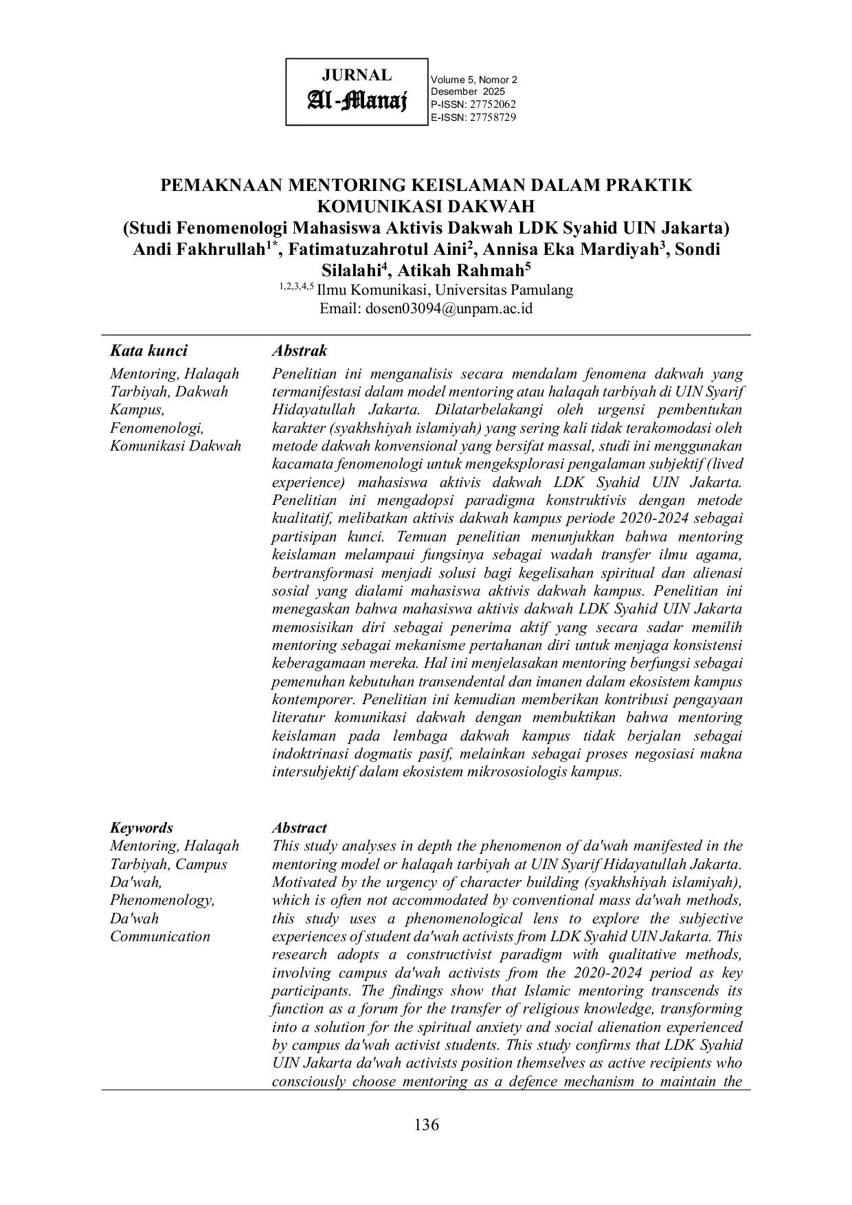 JURIS Pemaknaan Mentoring Keislaman dalam Praktik Komunikasi Dakwah Studi Fenomenologi Mahasiswa Aktivis Dakwah LDK Syahid UIN Jakarta