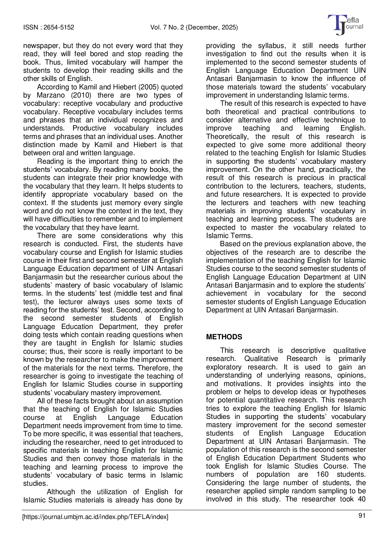 JURIS The Role of the English for Islamic Studies Course in Developing Students Vocabulary Mastery at UIN Antasari Banjarmasin