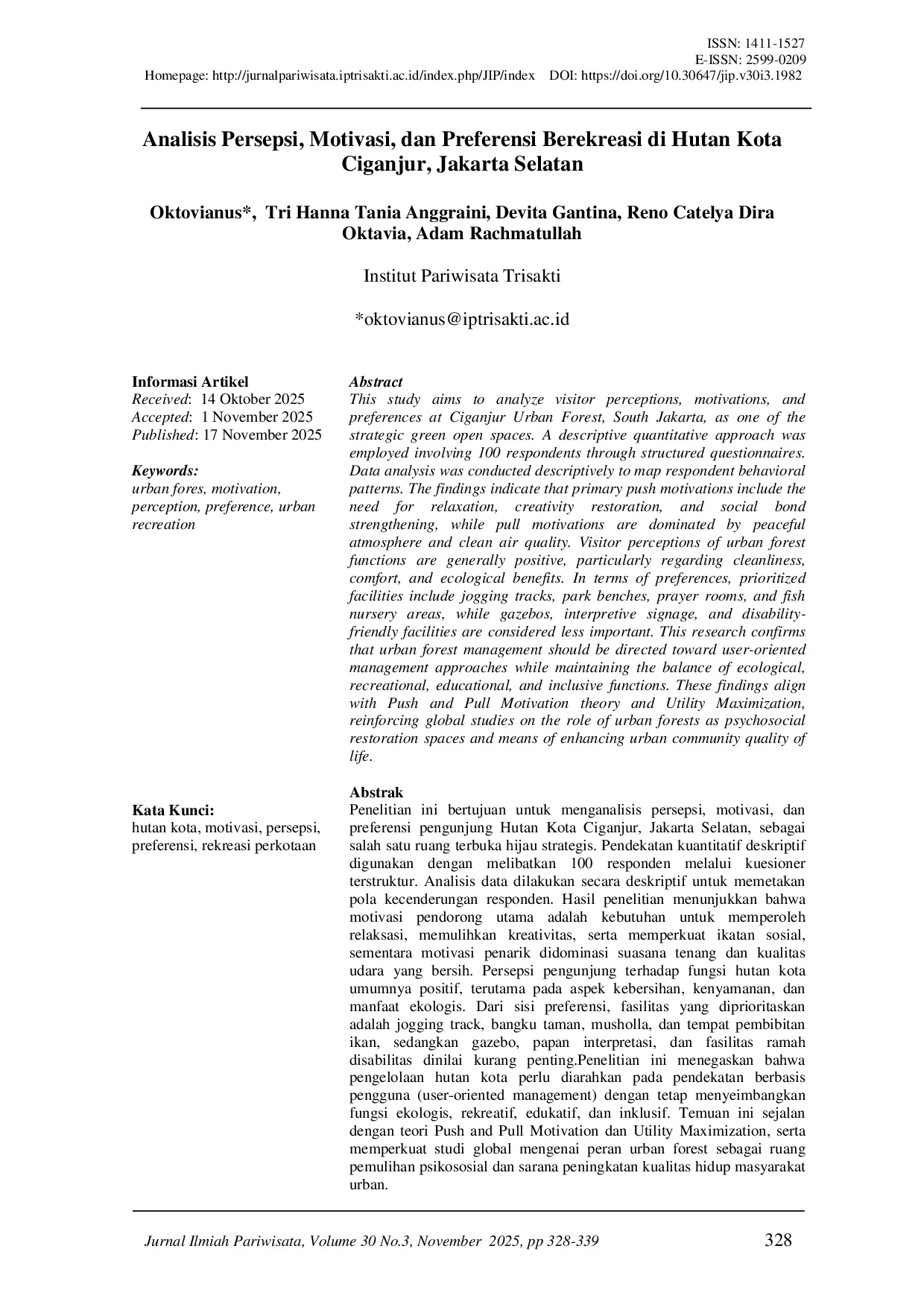 juris Analisis Persepsi Motivasi dan Preferensi Berekreasi di Hutan Kota Ciganjur Jakarta Selatan