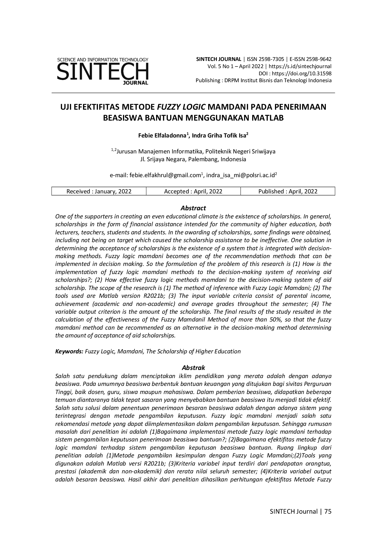 JURIS Uji Efektivitas Metode Fuzzy Logic Mamdani Pada Penerimaan Beasiswa Bantuan Menggunakan MATLAB