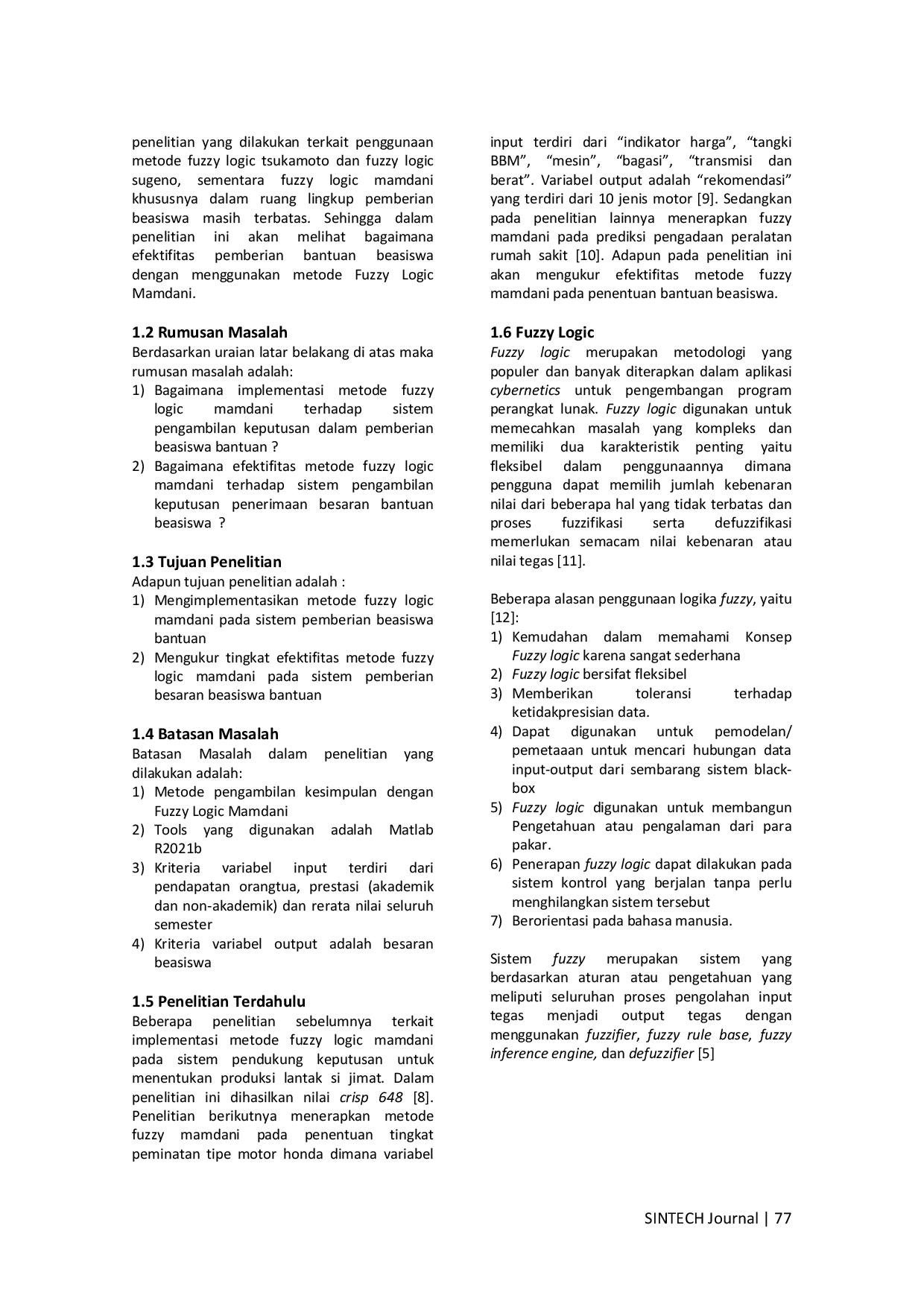 JURIS Uji Efektivitas Metode Fuzzy Logic Mamdani Pada Penerimaan Beasiswa Bantuan Menggunakan MATLAB