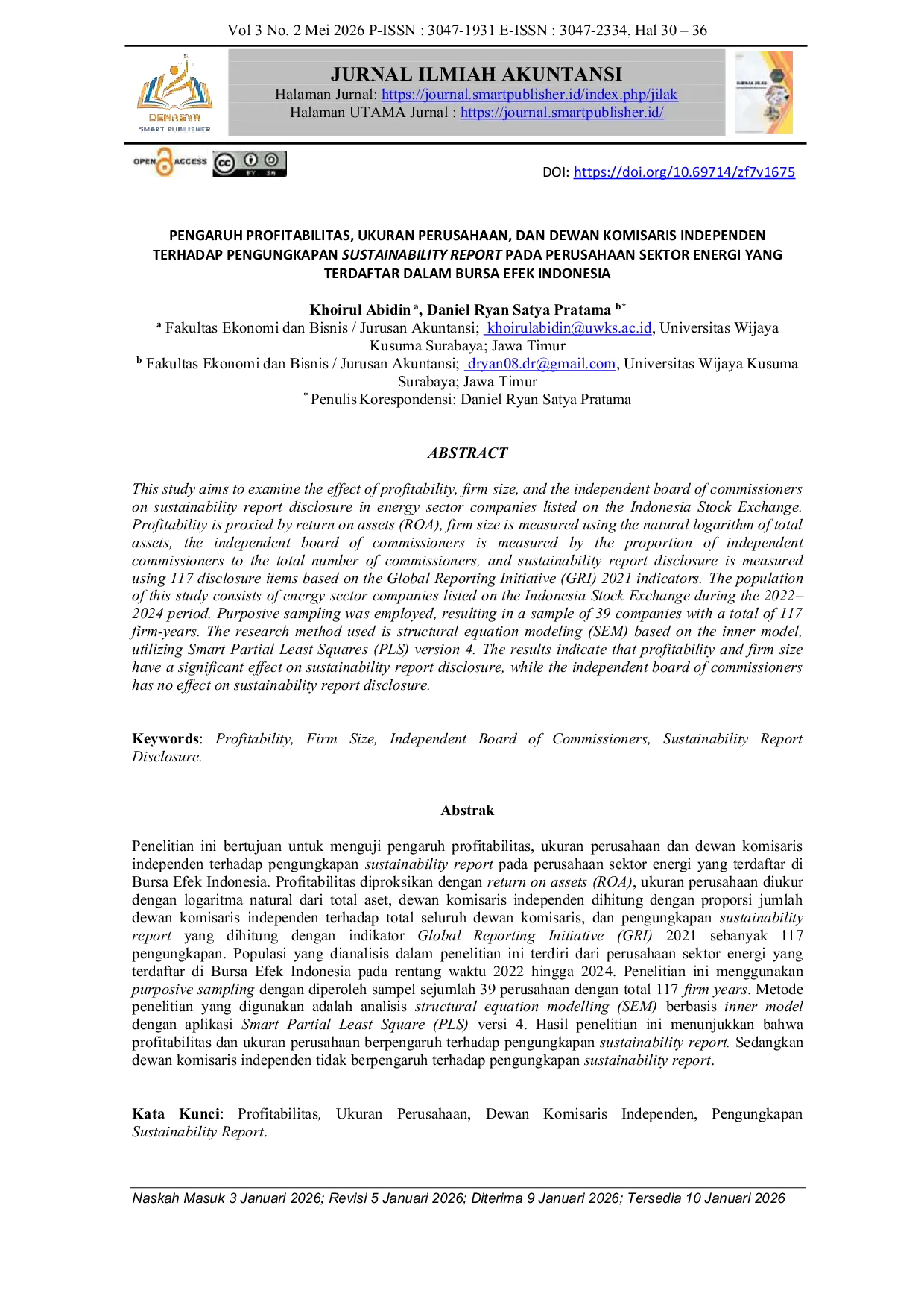 JURIS Pengaruh Profitabilitas Ukuran Perusahaan Dan Dewan Komisaris Independen Terhadap Pengungkapan Sustainability Report Pada Perusahaan Sektor Energi Yang Terdaftar Dalam Bursa Efek Indonesia