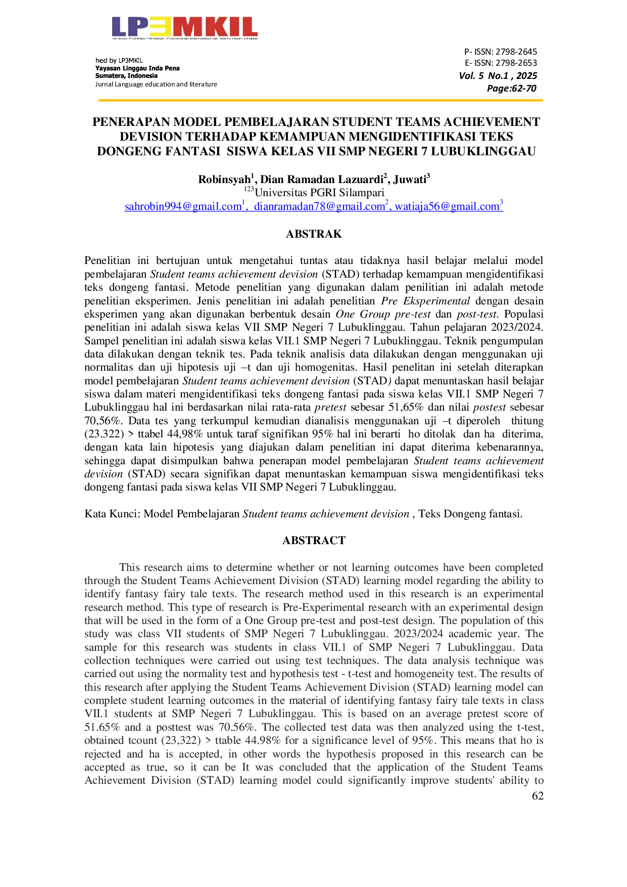 JURIS Penerapan Model Pembelajaran Student Teams Achievement Devision Terhadap Kemampuan Mengidentifikasi Teks Dongeng Fantasi Siswa Kelas VII SMP Negeri 7 Lubuklinggau