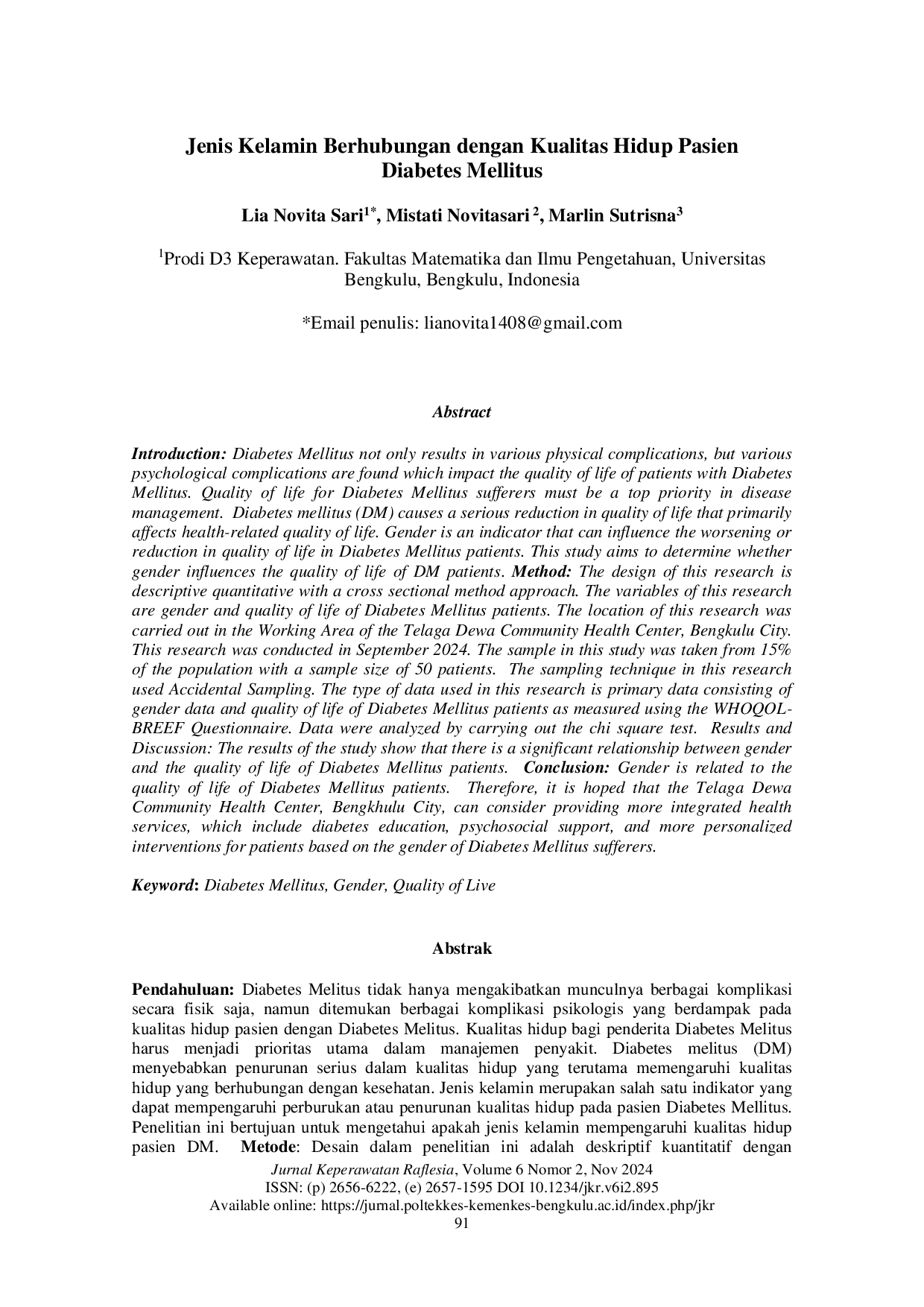 JURIS Hubungan Jenis Kelamin Dengan Kualitas Hidup Pasien Diabetes Mellitus