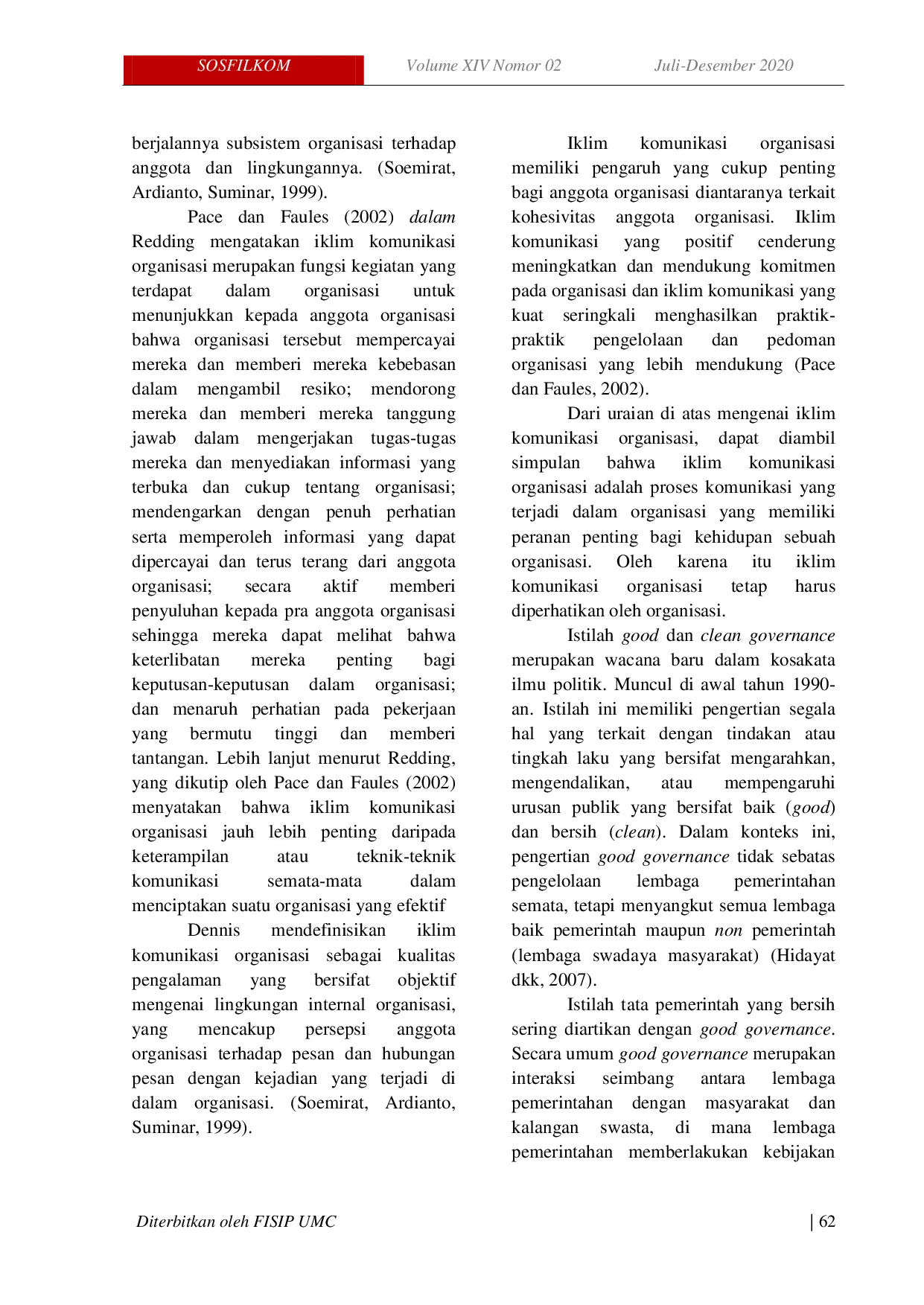 JURIS Pengaruh Iklim Komunikasi Organisasi Terhadap Penyelenggaraan Pemerintahan Yang Bersih Studi Deskriptif Pada Desa Cirukeum Kecamatan Garawangi Kabupaten Kuningan