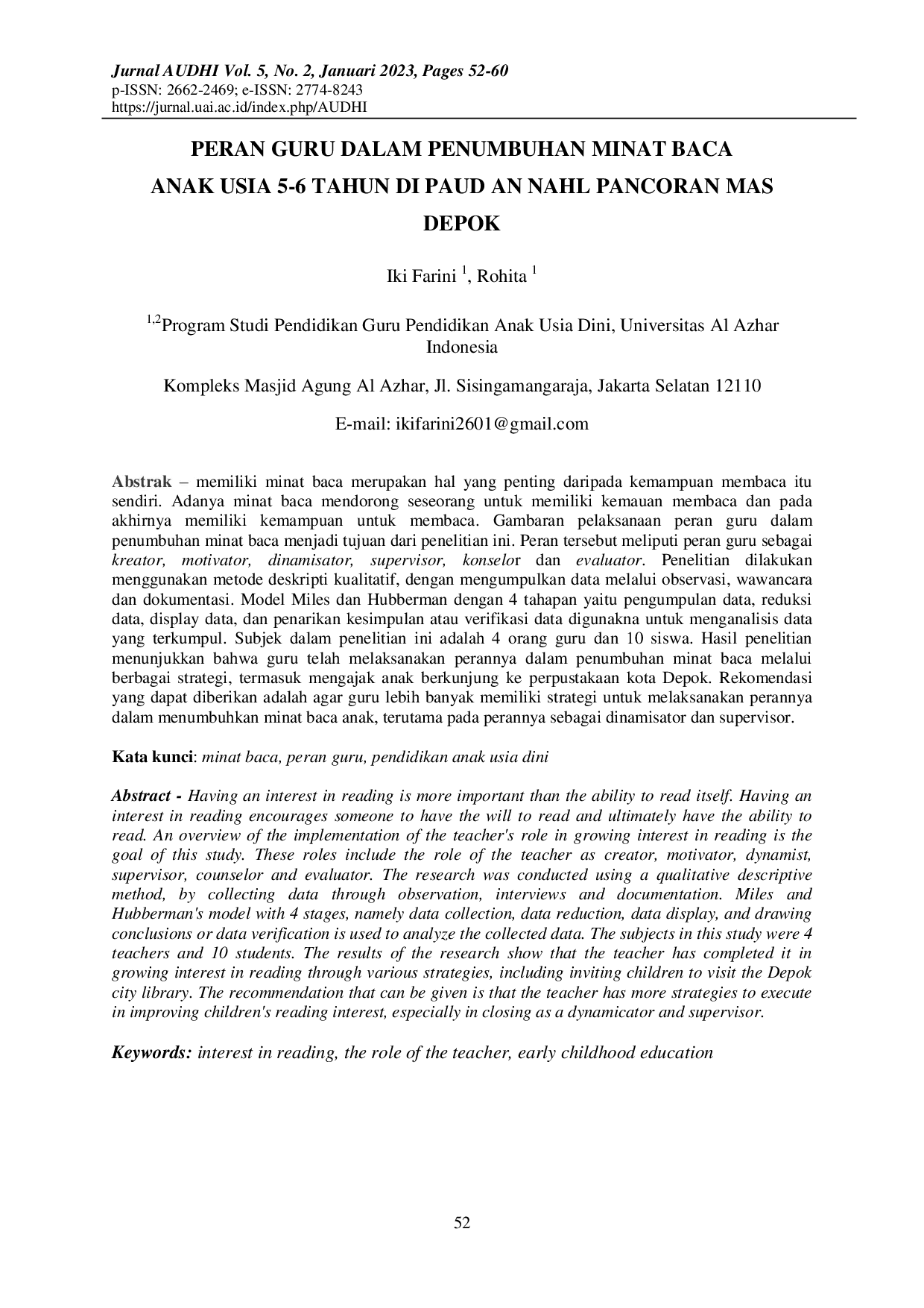 JURIS Peran Guru dalam Penumbuhan Minat Baca Anak Usia 5 6 Tahun di PAUD An Nahl Pancoran Mas Depok