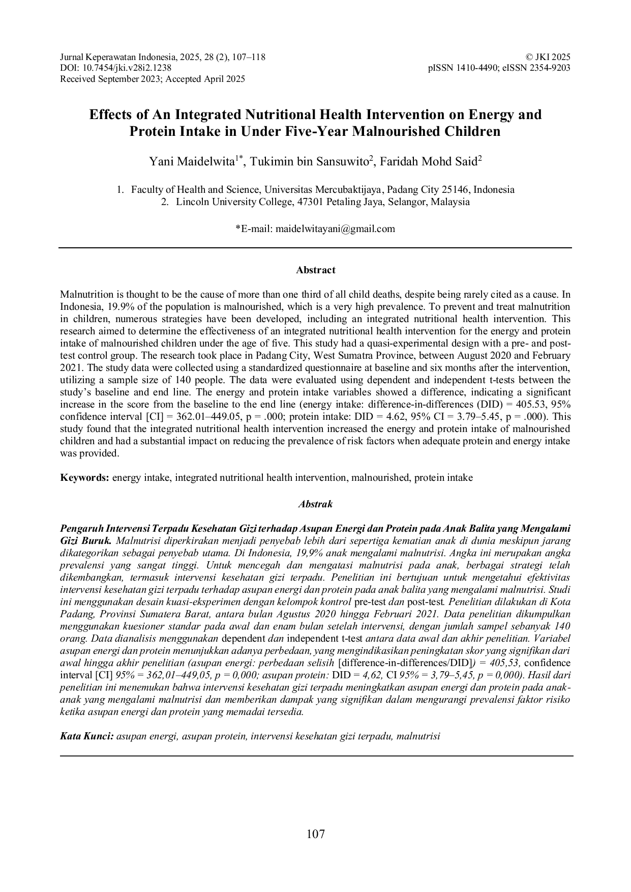 JURIS Effects of An Integrated Nutritional Health Intervention on Energy and Protein Intake in Under Five Year Malnourished Children