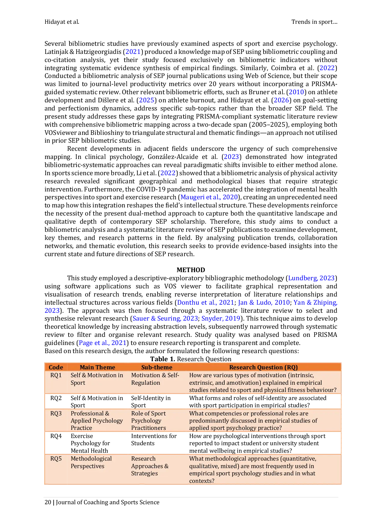 JURIS Trends in Sport and Exercise Psychology Research An Integrated Bibliometric and Systematic Literature Review 2005 2025
