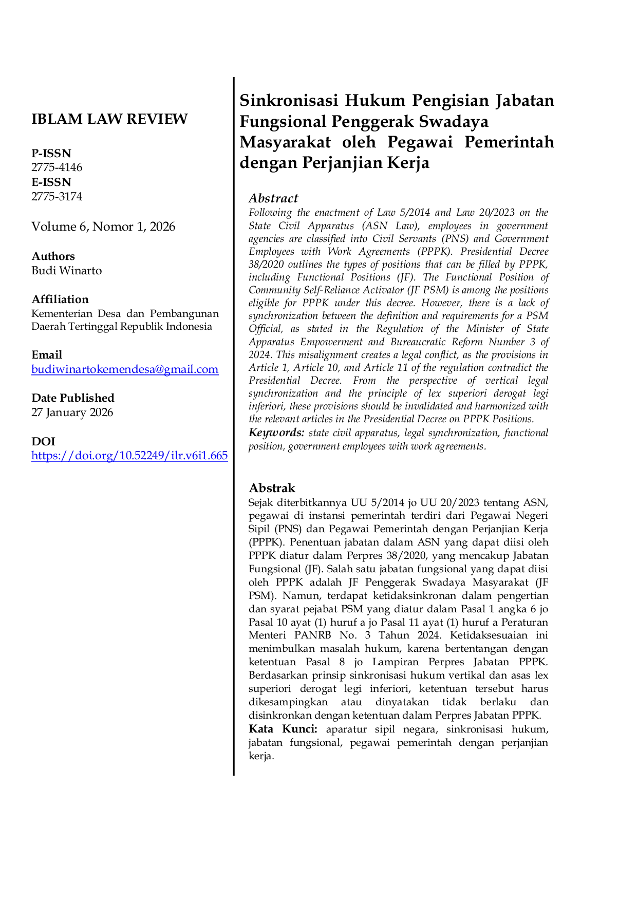 JURIS Sinkronisasi Hukum Pengisian Jabatan Fungsional Penggerak Swadaya Masyarakat oleh Pegawai Pemerintah dengan Perjanjian Kerja