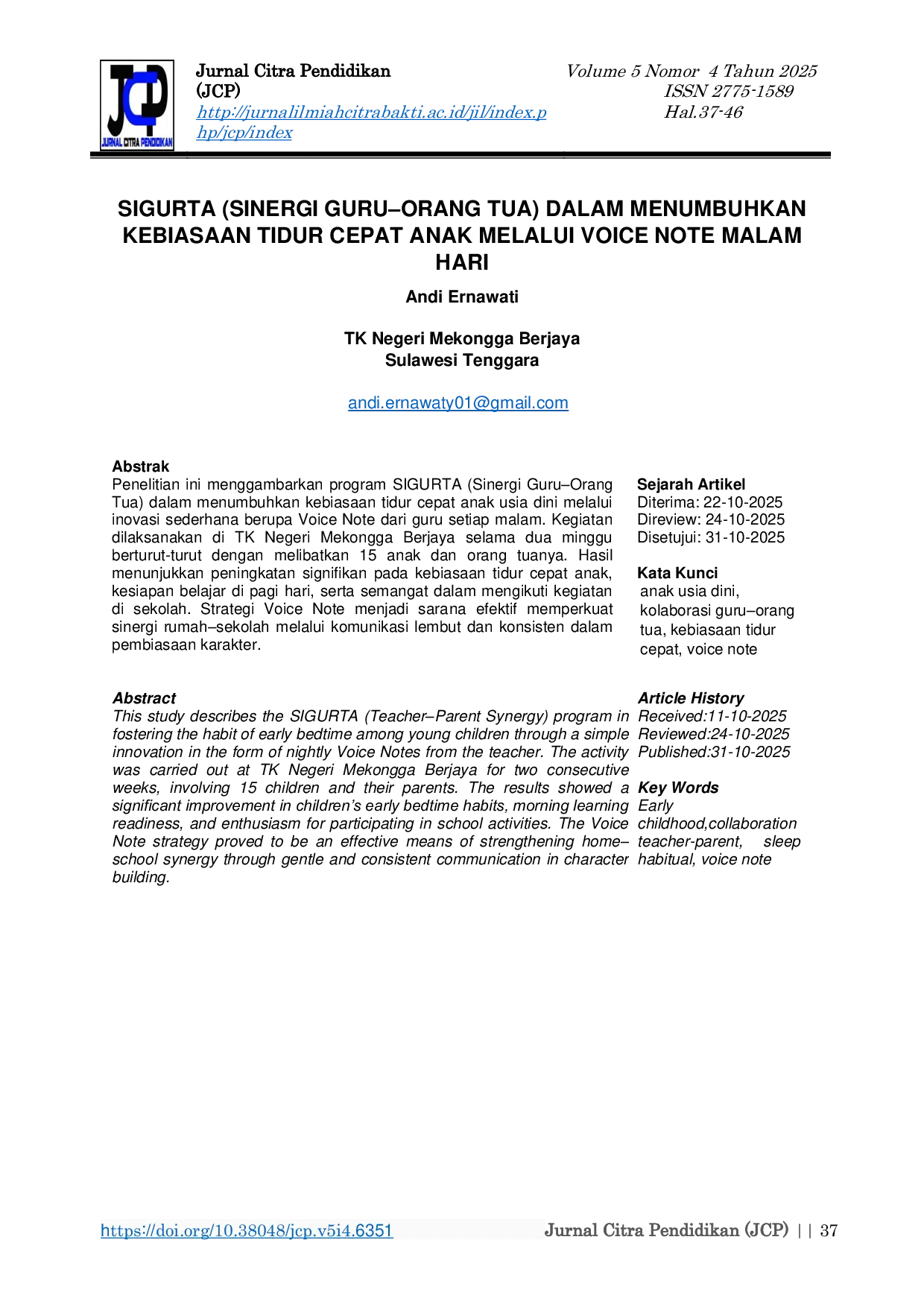 JURIS Sigurta Sinergi Guru Orang Tua dalam Menumbuhkan Kebiasaan Tidur Cepat Anak Melalui Voice Note Malam Hari