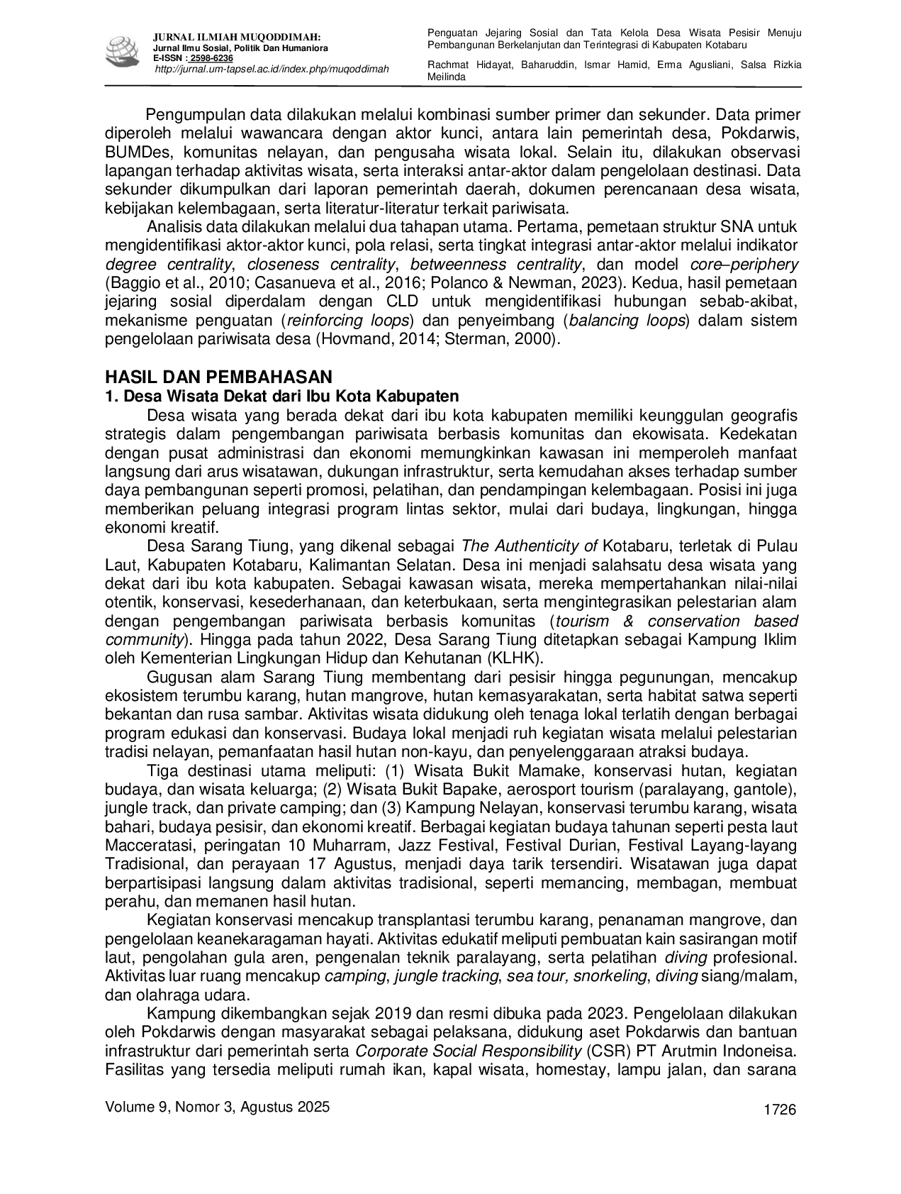 JURIS Penguatan Jejaring Sosial dan Tata Kelola Desa Wisata Pesisir Menuju Pembangunan Berkelanjutan dan Terintegrasi di Kabupaten Kotabaru