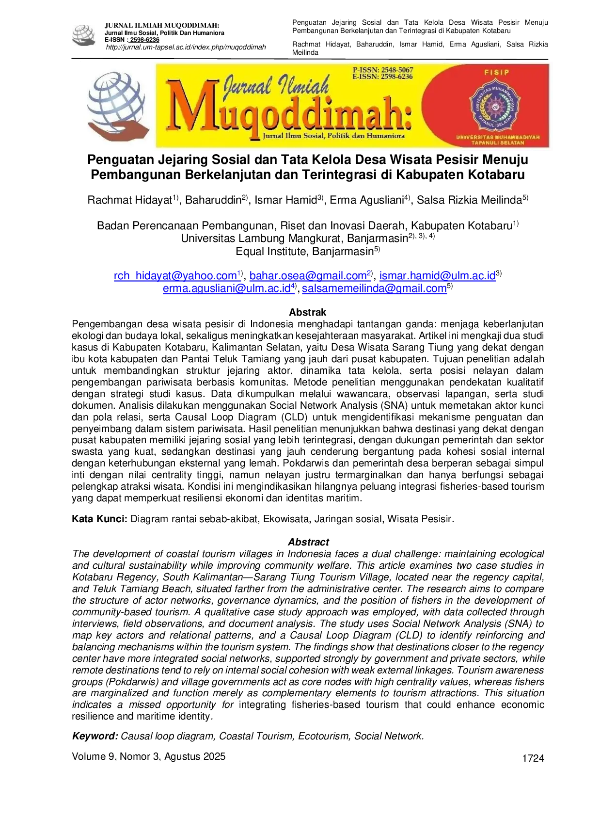 JURIS Penguatan Jejaring Sosial dan Tata Kelola Desa Wisata Pesisir Menuju Pembangunan Berkelanjutan dan Terintegrasi di Kabupaten Kotabaru