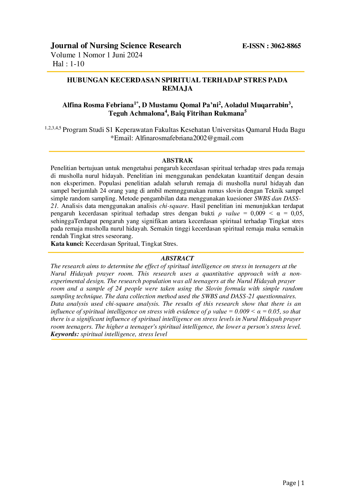JURIS Hubungan Kecerdasan Spiritual Terhadap Stres Pada Remaja