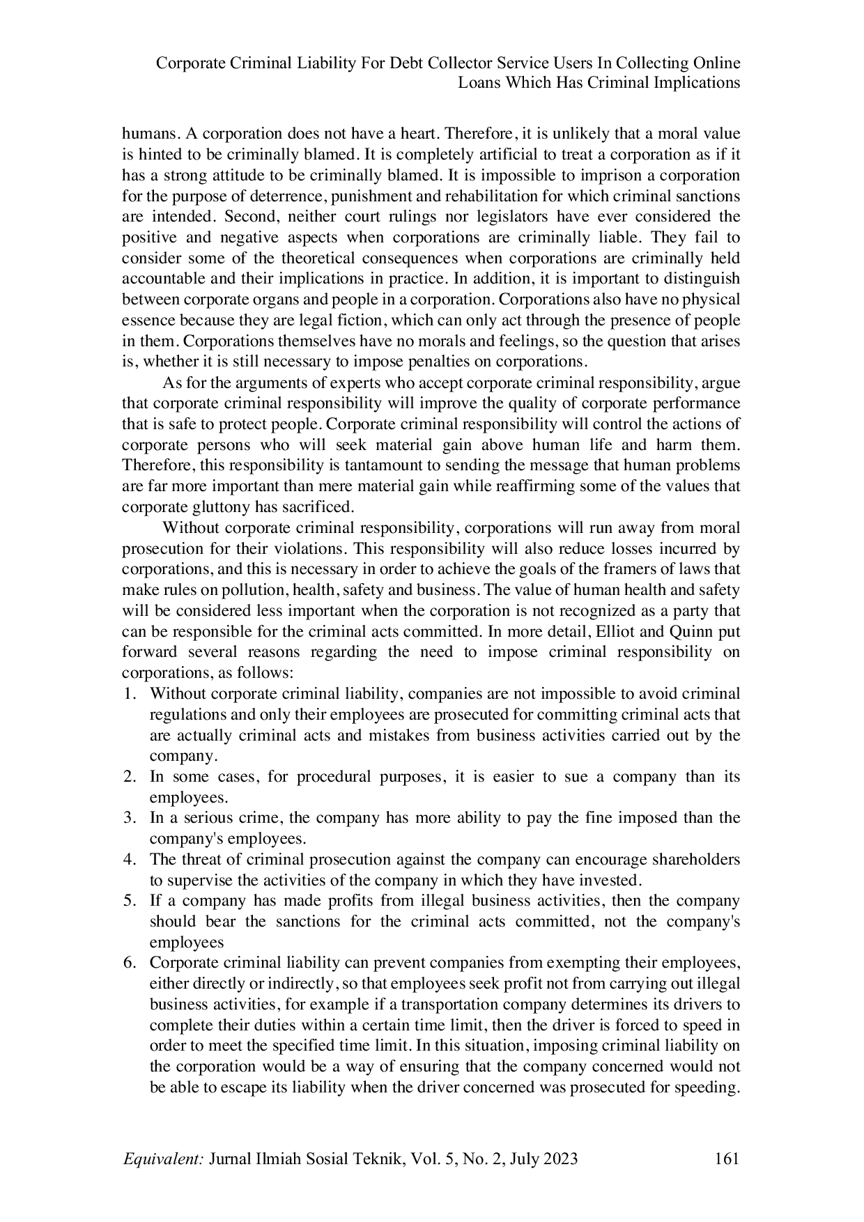 JURIS Pertanggungjawaban Pidana Korporasi Terhadap Pengguna Jasa Debt Collector dalam Melakukan Penagihan Pinjaman Online Yang Berimplikasi Tindak Pidana