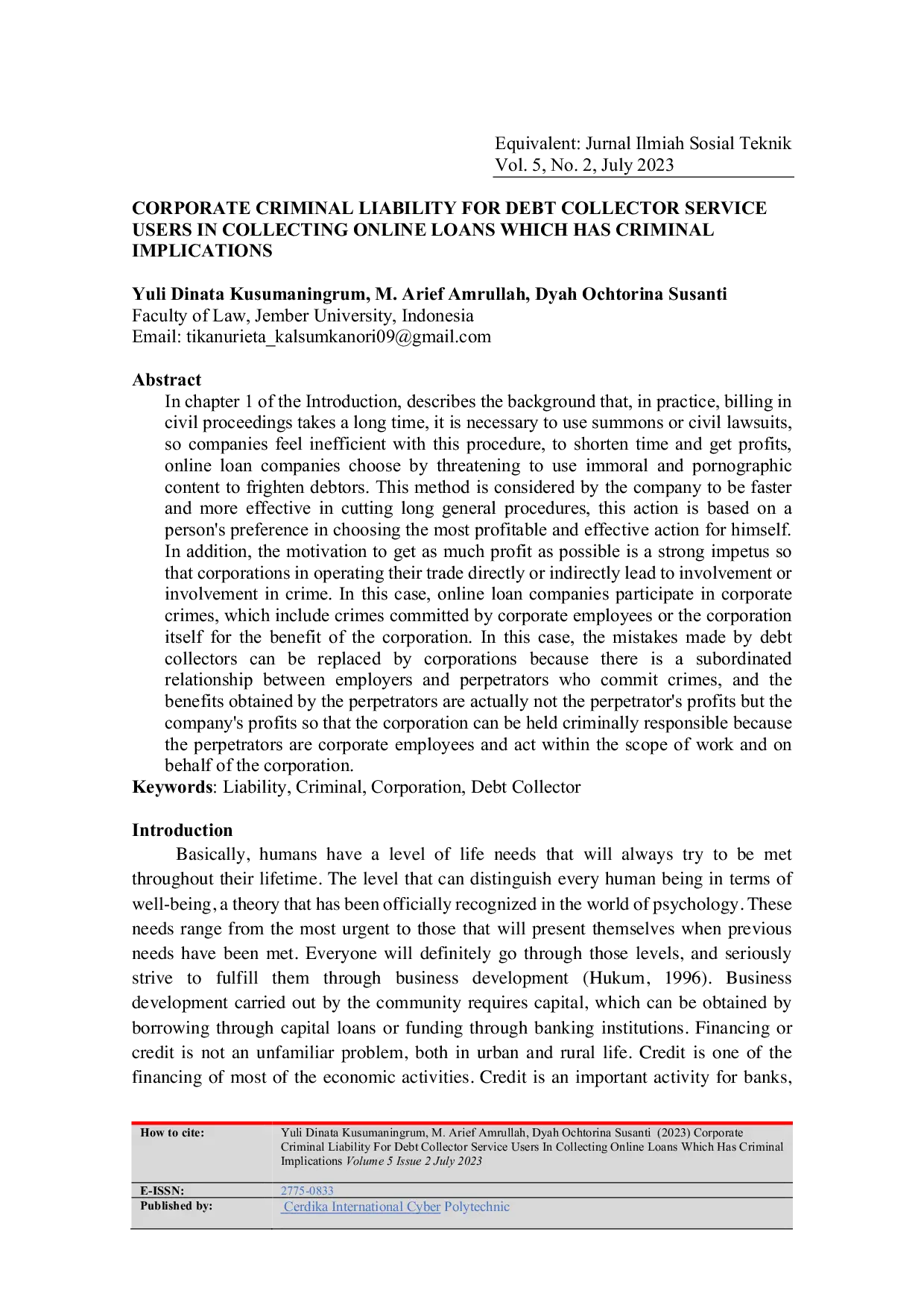 JURIS Pertanggungjawaban Pidana Korporasi Terhadap Pengguna Jasa Debt Collector dalam Melakukan Penagihan Pinjaman Online Yang Berimplikasi Tindak Pidana