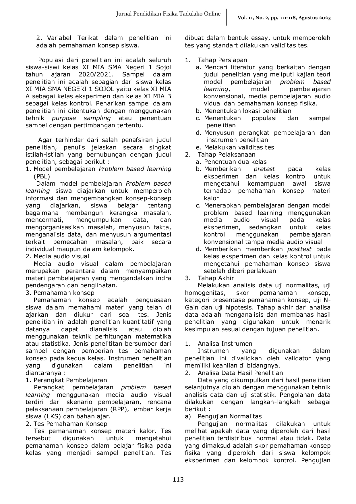 JURIS Pengaruh Model Problem Based Learning dengan Media Audio Visual Terhadap Pemahaman Konsep Materi Kalor Siswa Kelas XI SMA Negeri 1 Sojol Pengaruh Model Problem Based Learning dengan Media Audio Visua