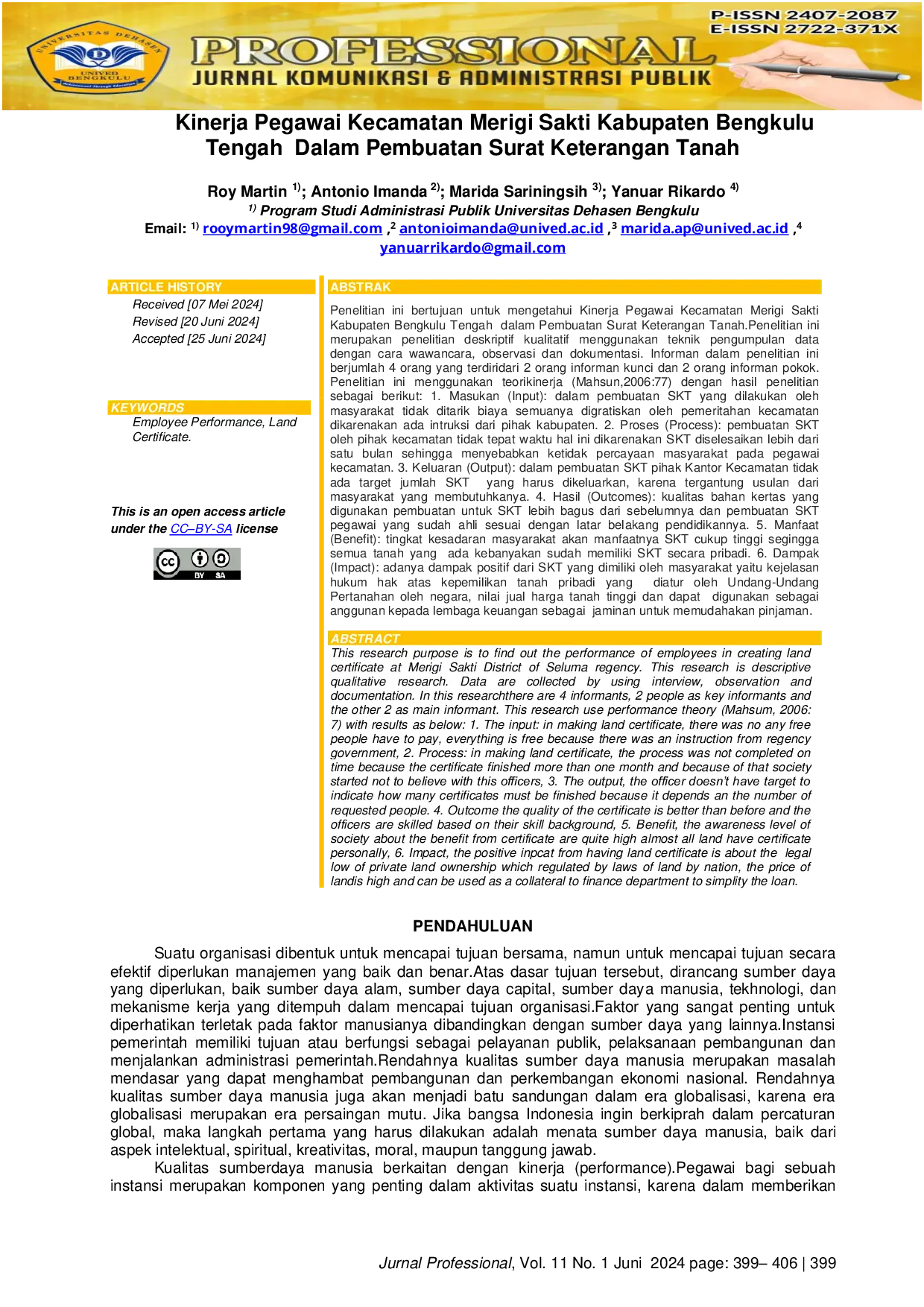 JURIS Kinerja Pegawai Kecamatan Merigi Sakti Kabupaten Bengkulu Tengah Dalam Pembuatan Surat Keterangan Tanah