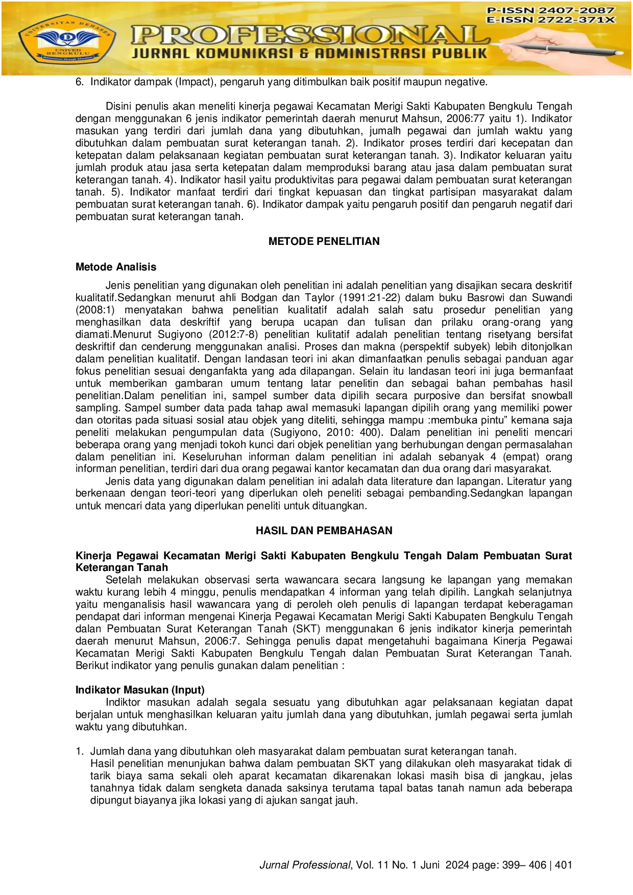 JURIS Kinerja Pegawai Kecamatan Merigi Sakti Kabupaten Bengkulu Tengah Dalam Pembuatan Surat Keterangan Tanah