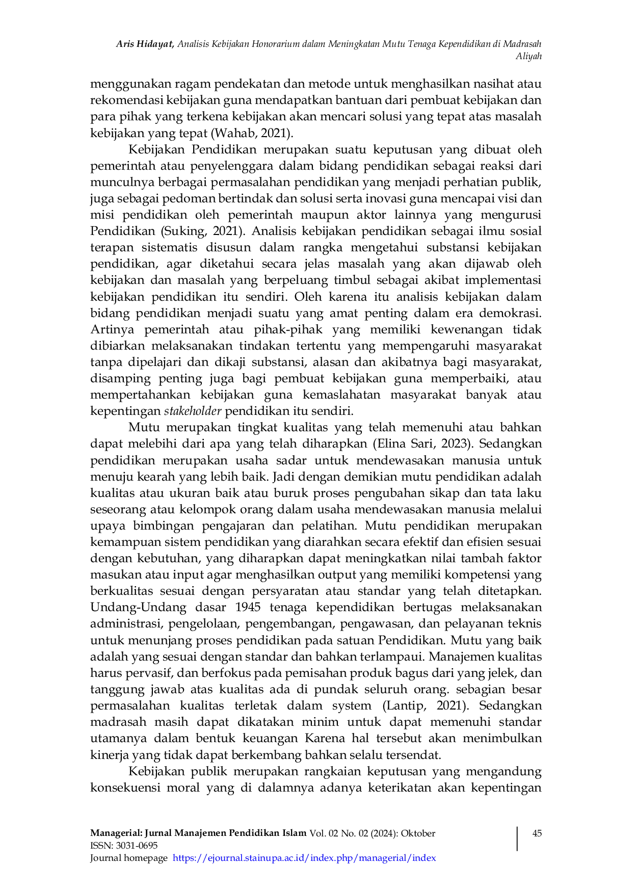 JURIS Analisis Kebijakan Honorarium Dalam Meningkatkan Mutu Tenaga Kependidikan Di Madrasah Aliyah