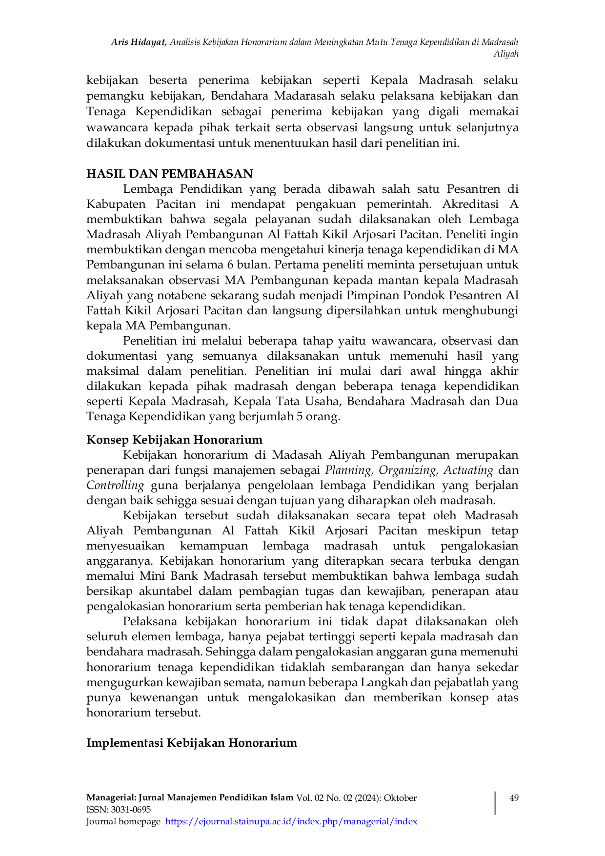 JURIS Analisis Kebijakan Honorarium Dalam Meningkatkan Mutu Tenaga Kependidikan Di Madrasah Aliyah