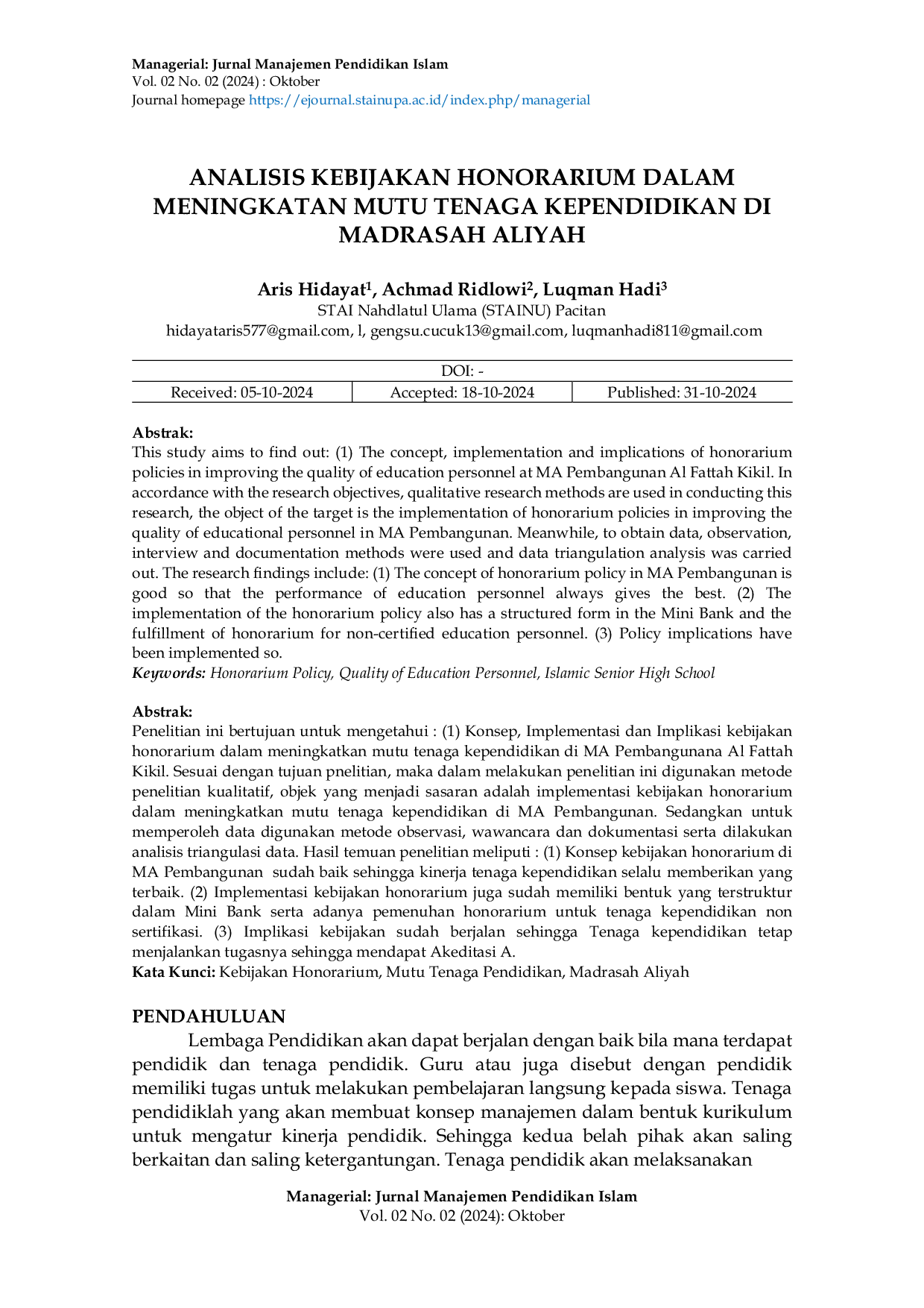 JURIS Analisis Kebijakan Honorarium Dalam Meningkatkan Mutu Tenaga Kependidikan Di Madrasah Aliyah
