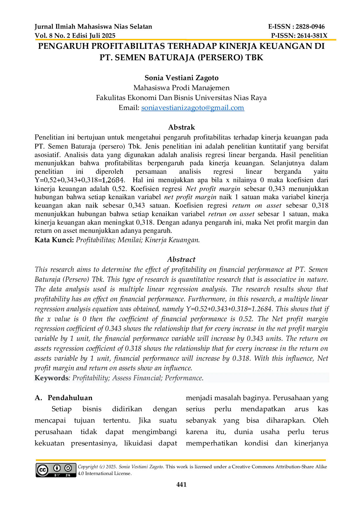 JURIS Pengaruh Profitabilitas Terhadap Kinerja Keuangan Di Pt Semen Baturaja Persero Tbk