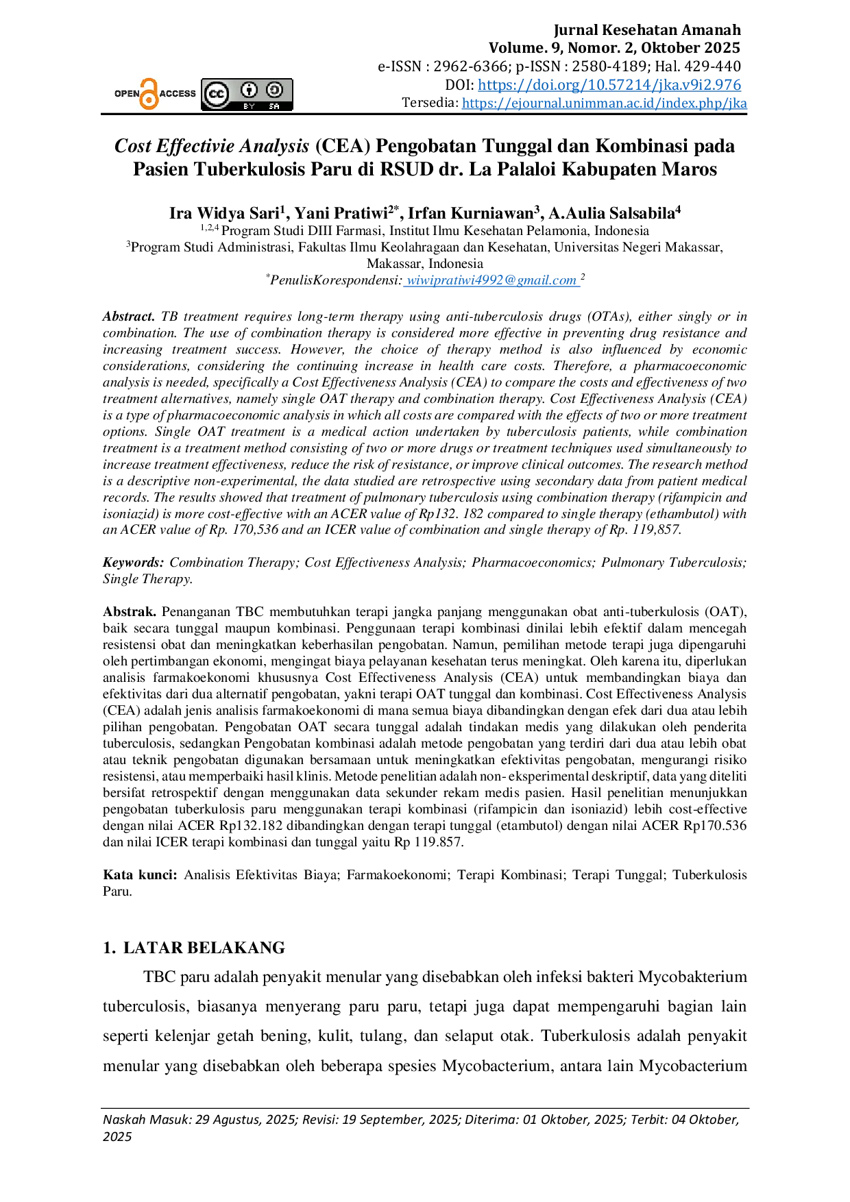 JURIS Cost Effectivie Analysis CEA Pengobatan Tunggal dan Kombinasi pada Pasien Tuberkulosis Paru di RSUD dr La Palaloi Kabupaten Maros
