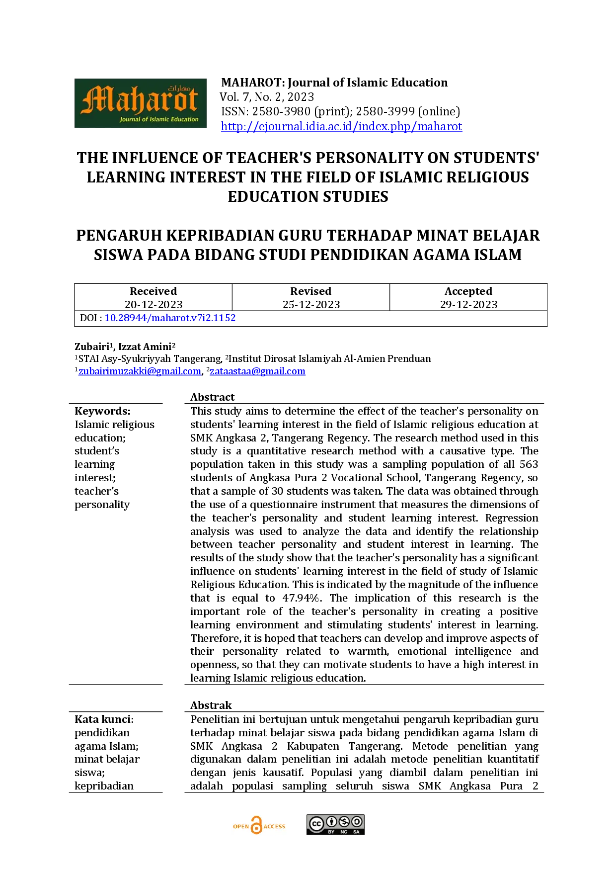 JURIS The Influence of Teacher s Personality on Students Learning Interest in the Field of Islamic Religious Education Studies