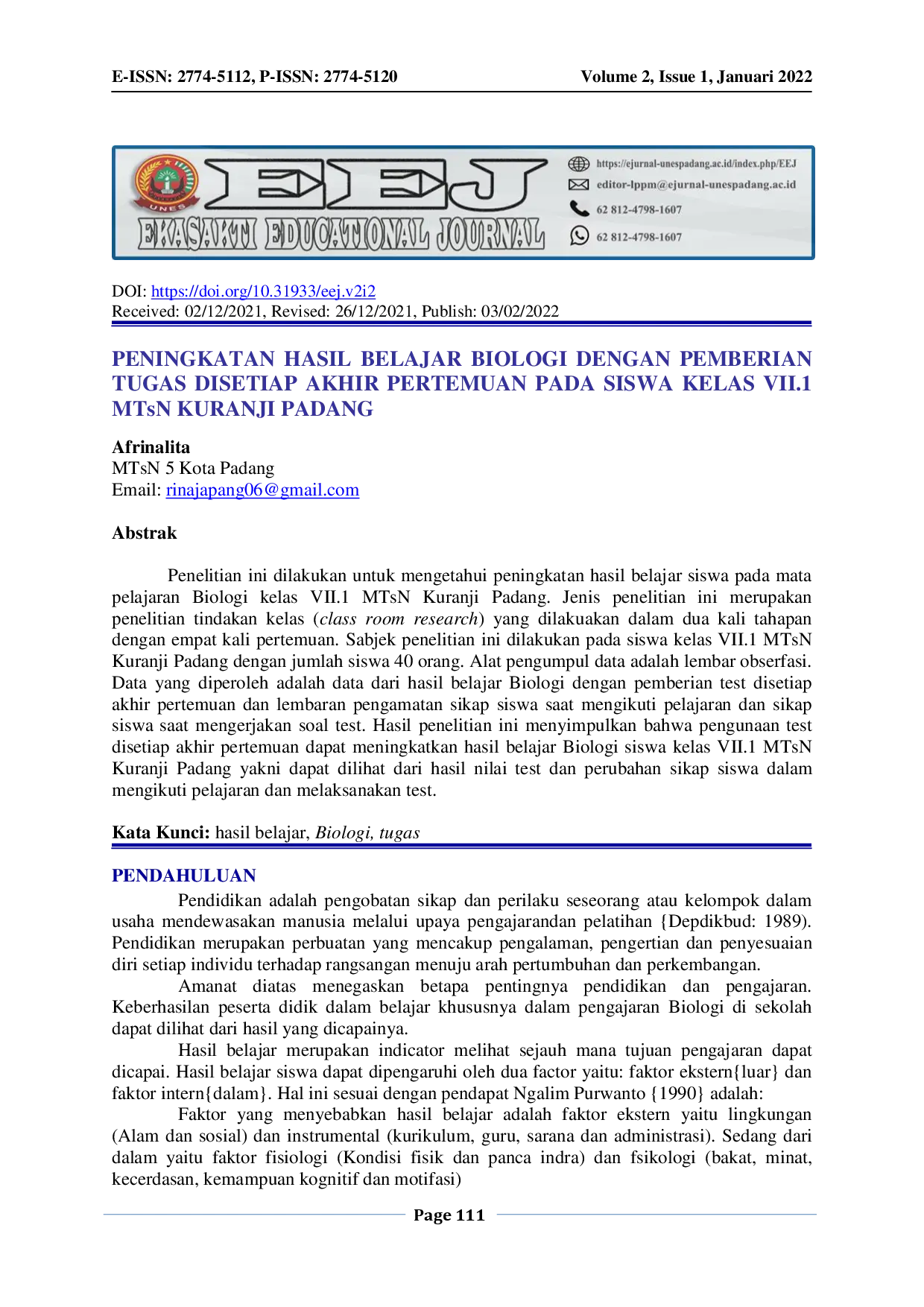 JURIS PENINGKATAN HASIL BELAJAR BIOLOGI DENGAN PEMBERIAN TUGAS DISETIAP AKHIR PERTEMUAN PADA SISWA KELAS VII 1 MTsN KURANJI PADANG