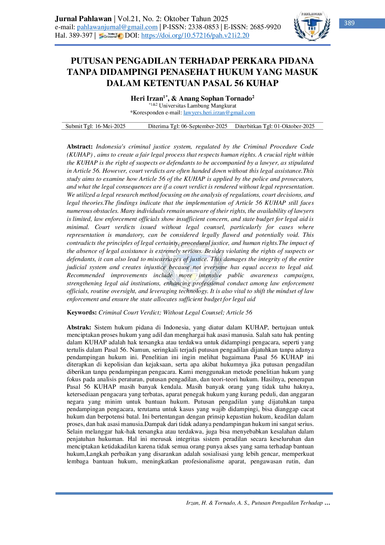 JURIS Putusan Pengadilan Terhadap Perkara Pidana Tanpa Didampingi Penasehat Hukum yang Masuk dalam Ketentuan Pasal 56 KUHAP