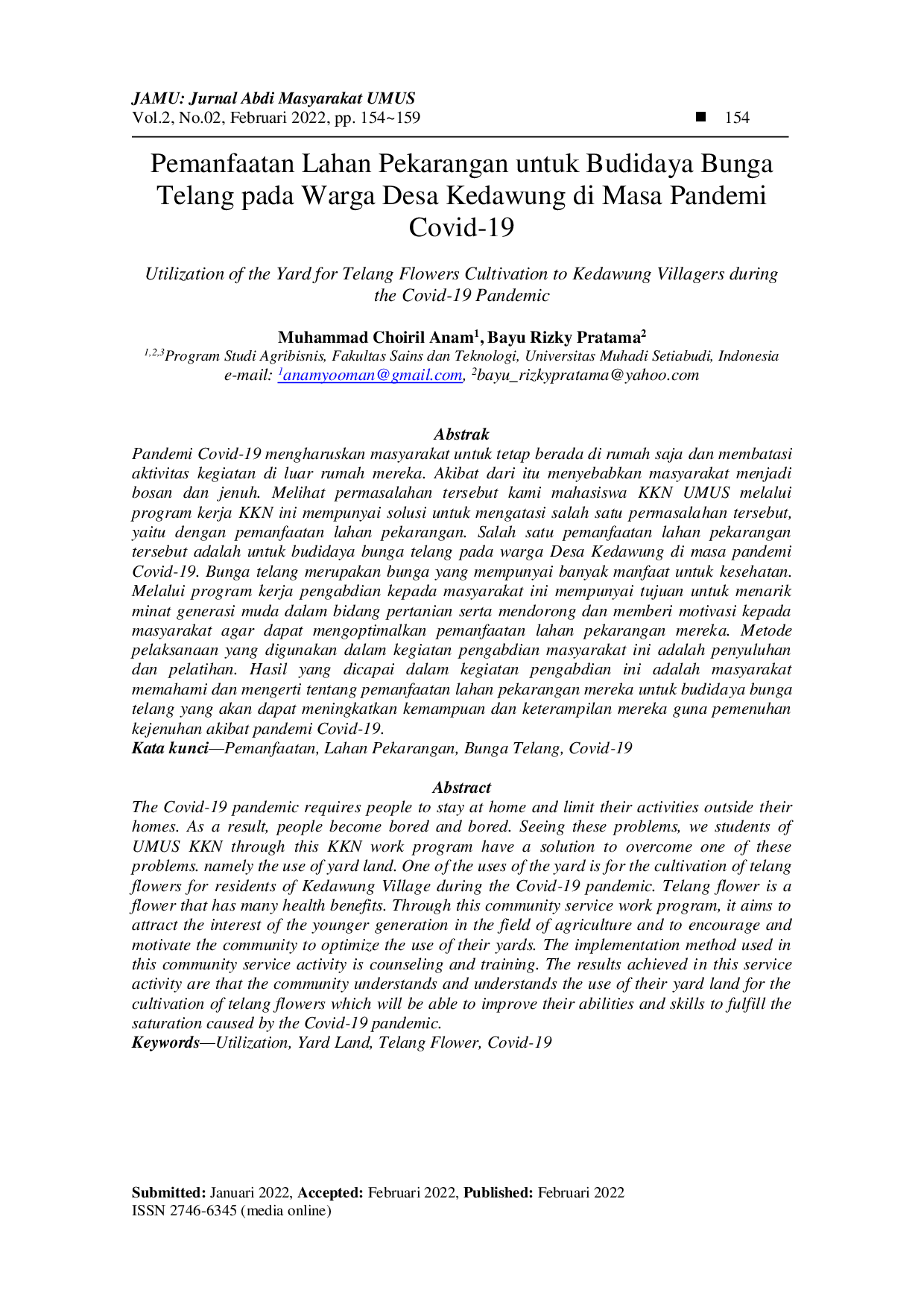 juris Pemanfaatan Lahan Pekarangan untuk Budidaya Bunga Telang pada Warga Desa Kedawung di Masa Pandemi Covid 19