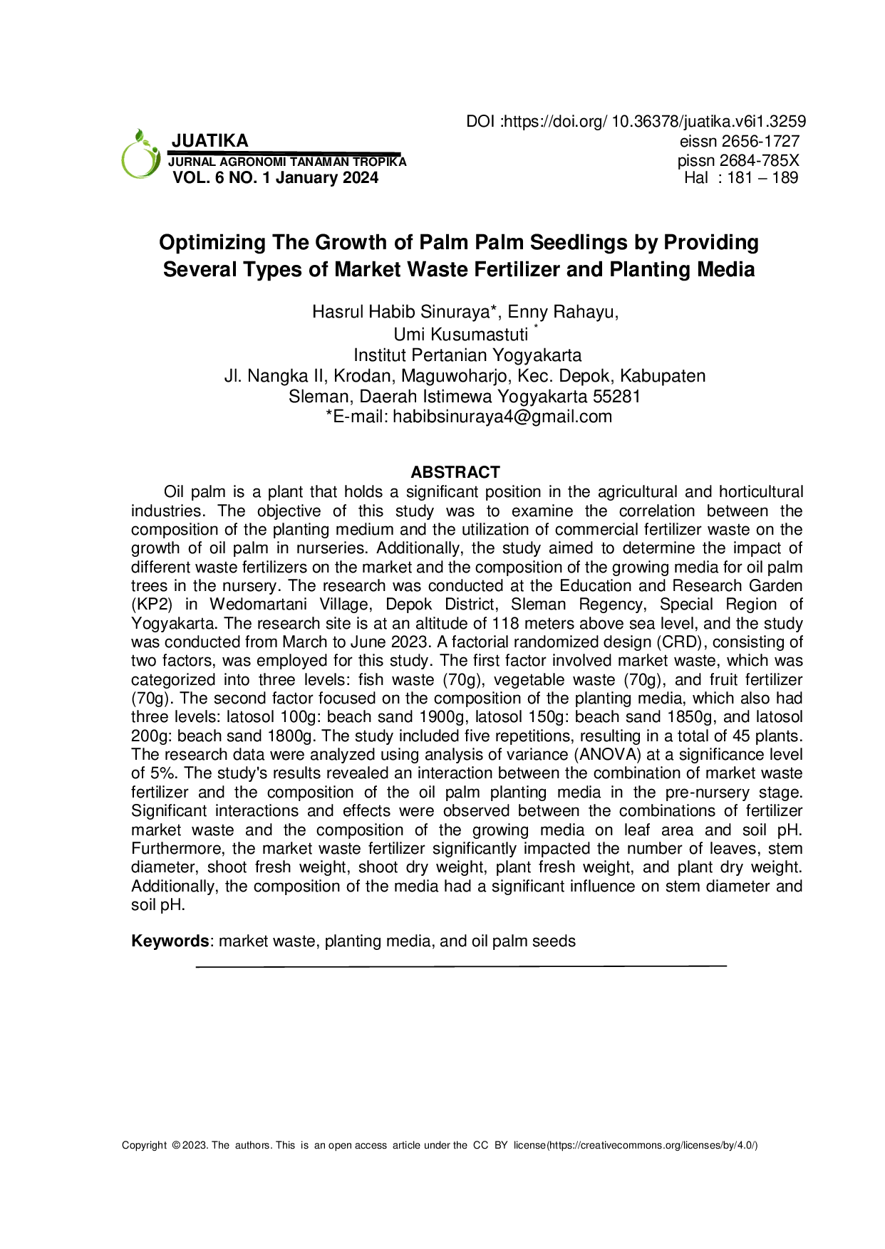 JURIS Optimizing The Growth of Palm Palm Seedlings by Providing Several Types of Market Waste Fertilizer and Planting Media