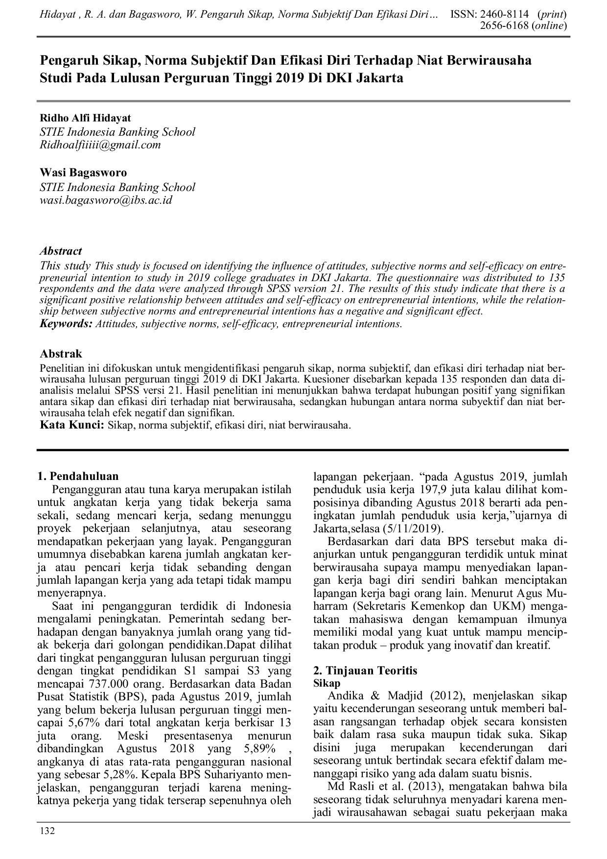 JURIS Pengaruh Sikap Norma Subjektif Dan Efikasi Diri Terhadap Niat Berwirausaha Studi Pada Lulusan Perguruan Tinggi 2019 Di DKI Jakarta