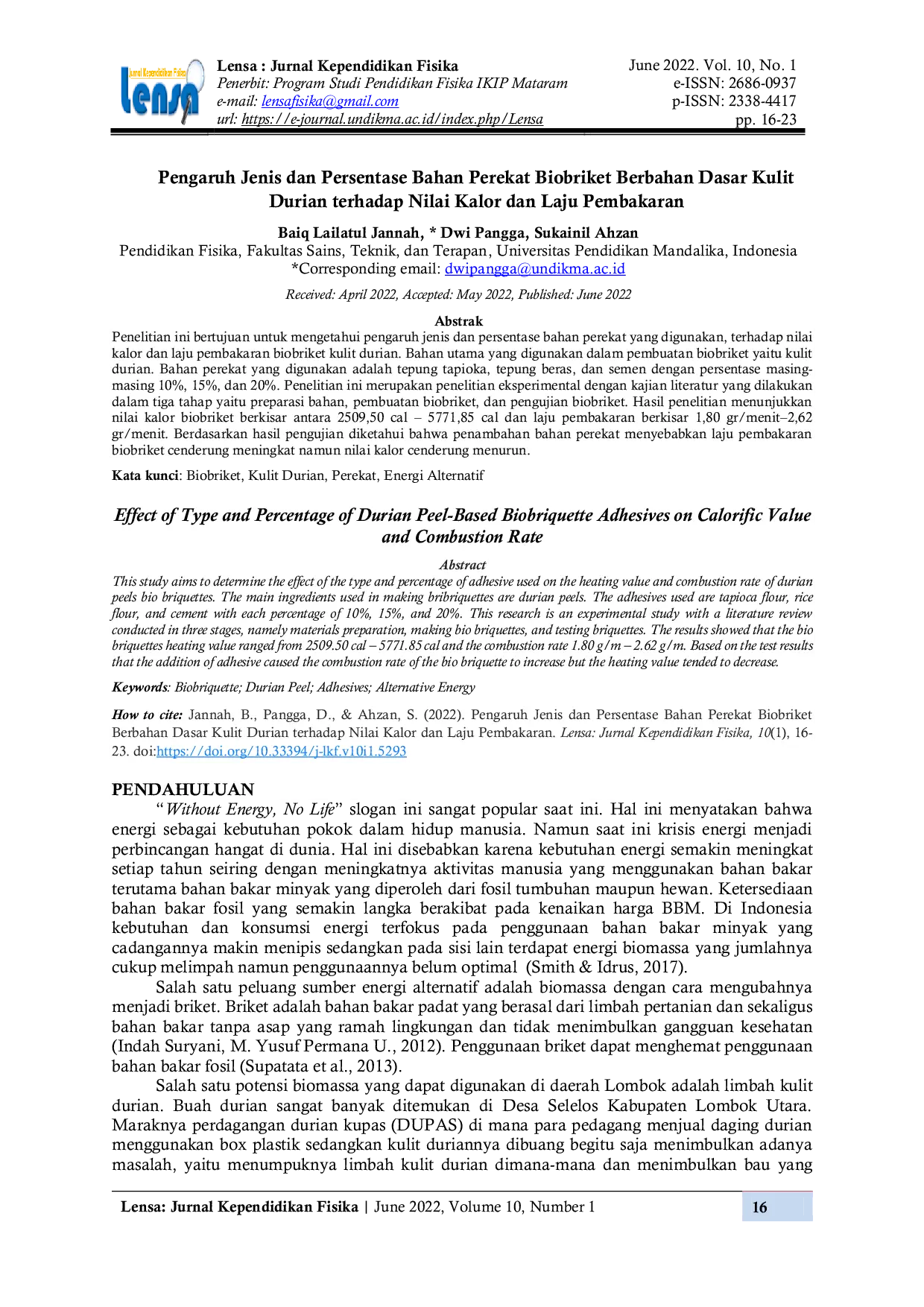 JURIS Pengaruh Jenis dan Persentase Bahan Perekat Biobriket Berbahan Dasar Kulit Durian terhadap Nilai Kalor dan Laju Pembakaran