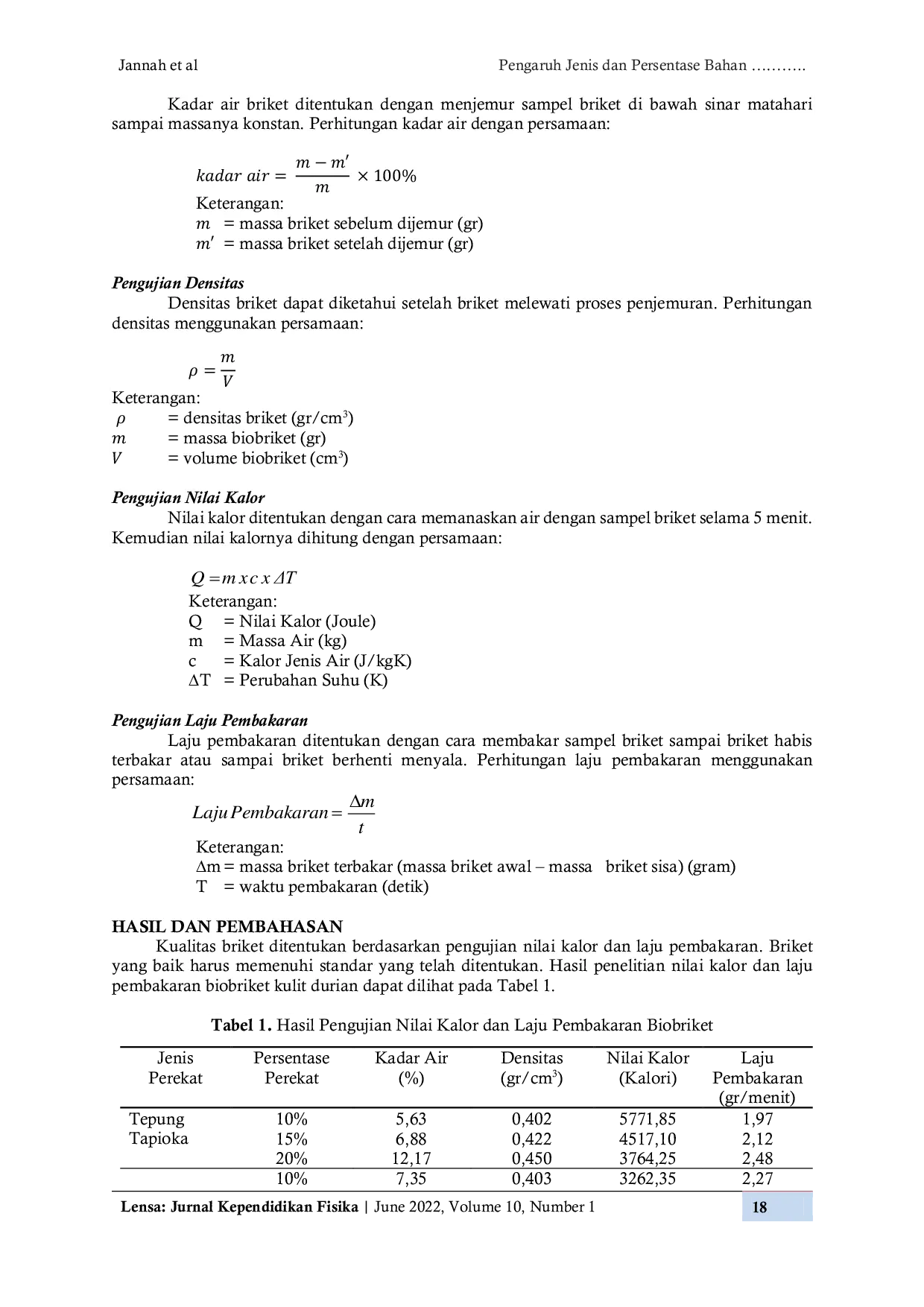 JURIS Pengaruh Jenis dan Persentase Bahan Perekat Biobriket Berbahan Dasar Kulit Durian terhadap Nilai Kalor dan Laju Pembakaran