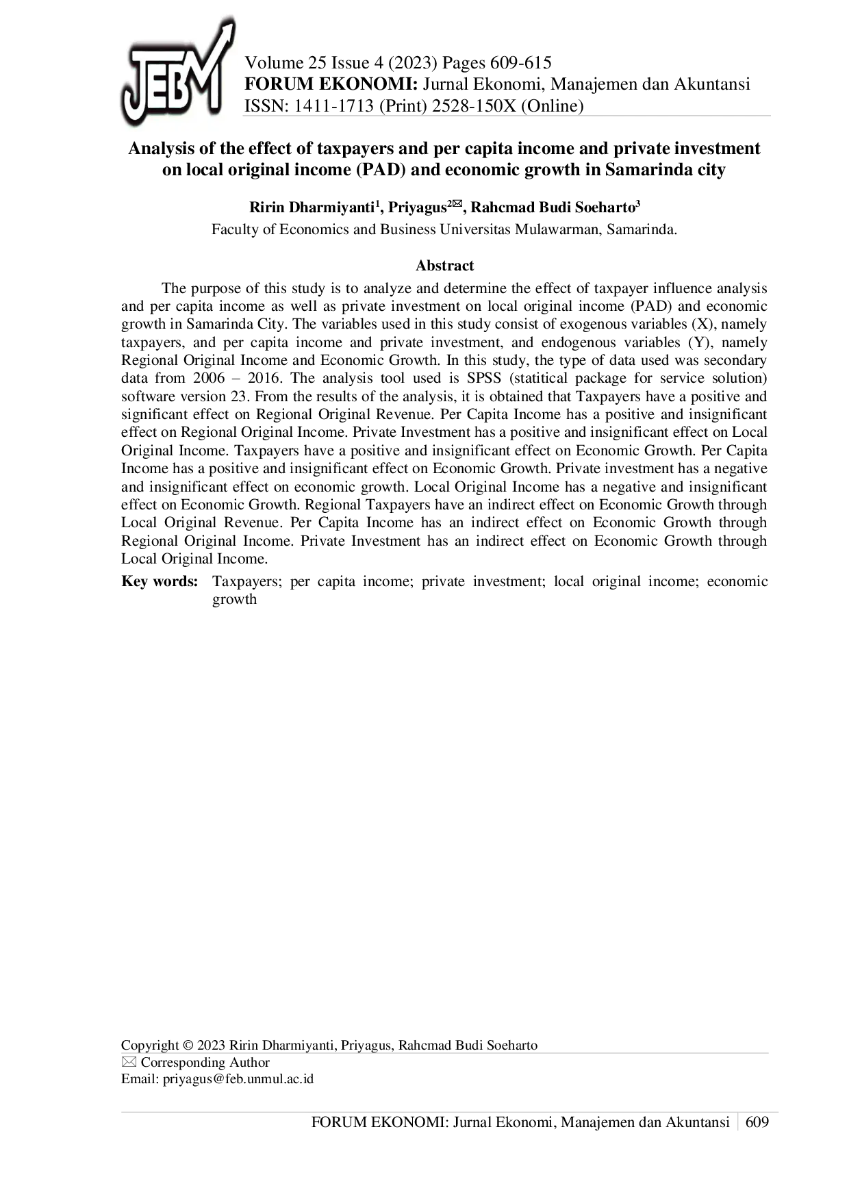 JURIS Analysis of the effect of taxpayers and per capita income and private investment on local original income PAD and economic growth in Samarinda city
