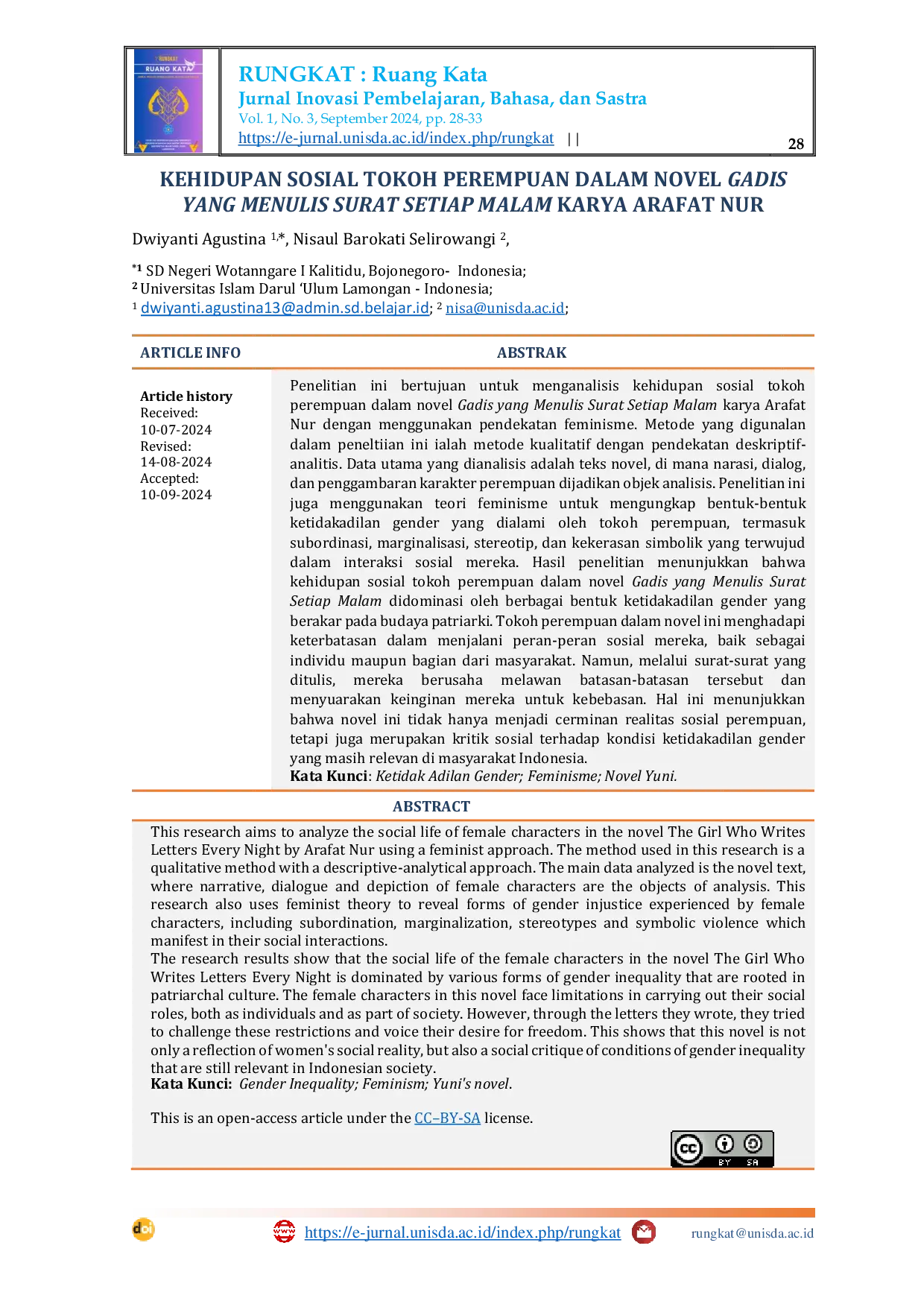 JURIS Kehidupan Sosial Tokoh Perempuan Dalam Novel Gadis Yang Menulis Surat Setiap Malam Karya Arafat Nur