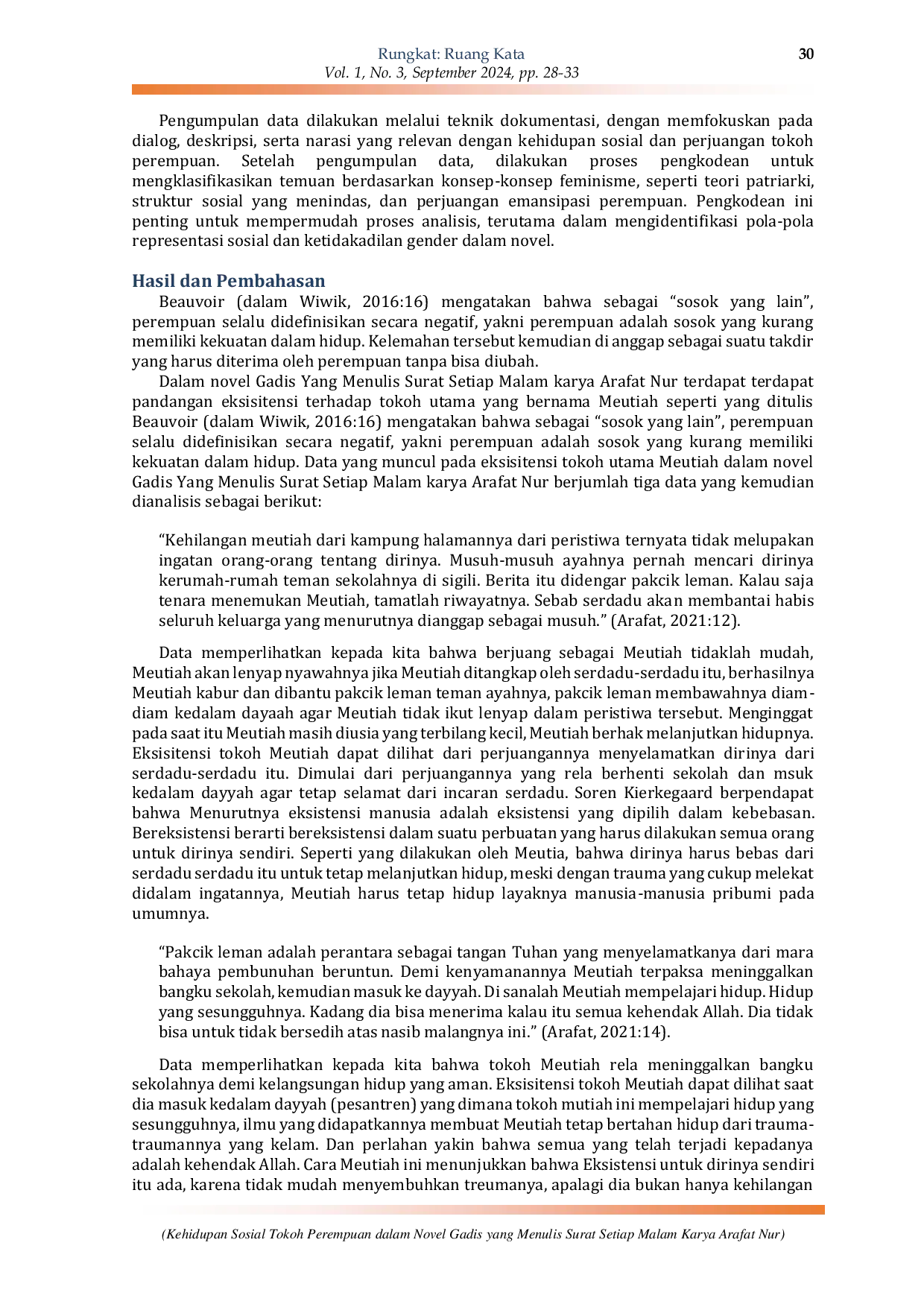 JURIS Kehidupan Sosial Tokoh Perempuan Dalam Novel Gadis Yang Menulis Surat Setiap Malam Karya Arafat Nur