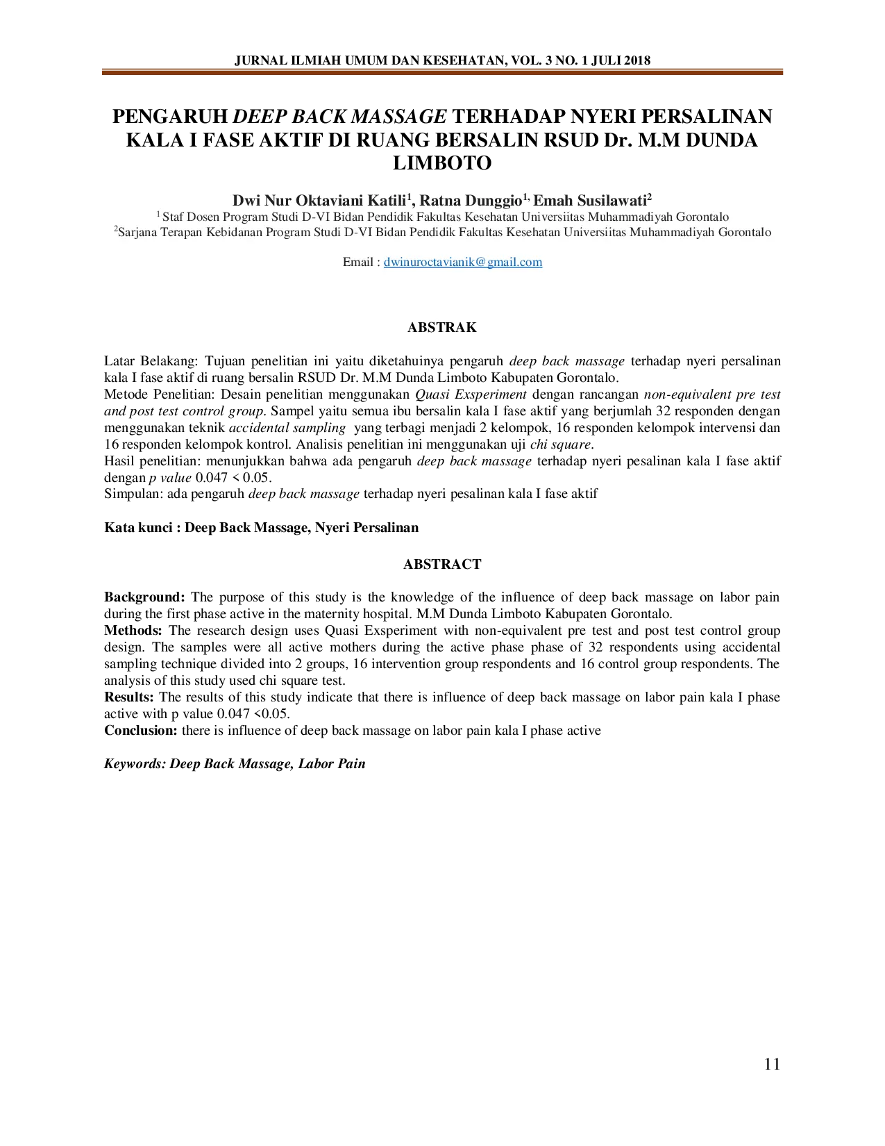 JURIS PENGARUH DEEP BACK MASSAGE TERHADAP NYERI PERSALINAN KALA I FASE AKTIF DI RUANG BERSALIN RSUD Dr M M DUNDA