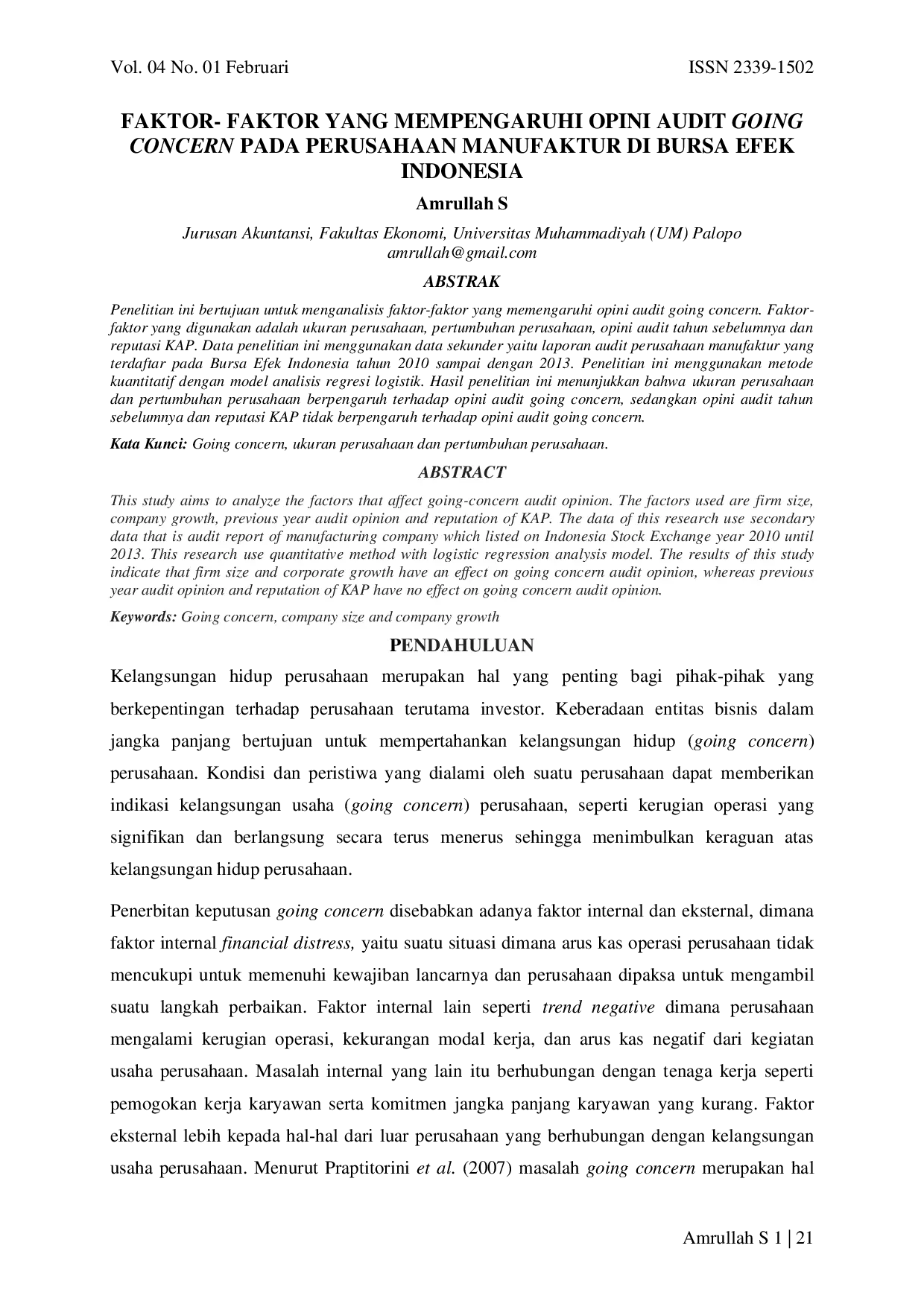 juris Faktor Faktor Yang Mempengaruhi Opini Audit Going Concern Pada Perusahaan Manufaktur Di Bursa Efek Indonesia