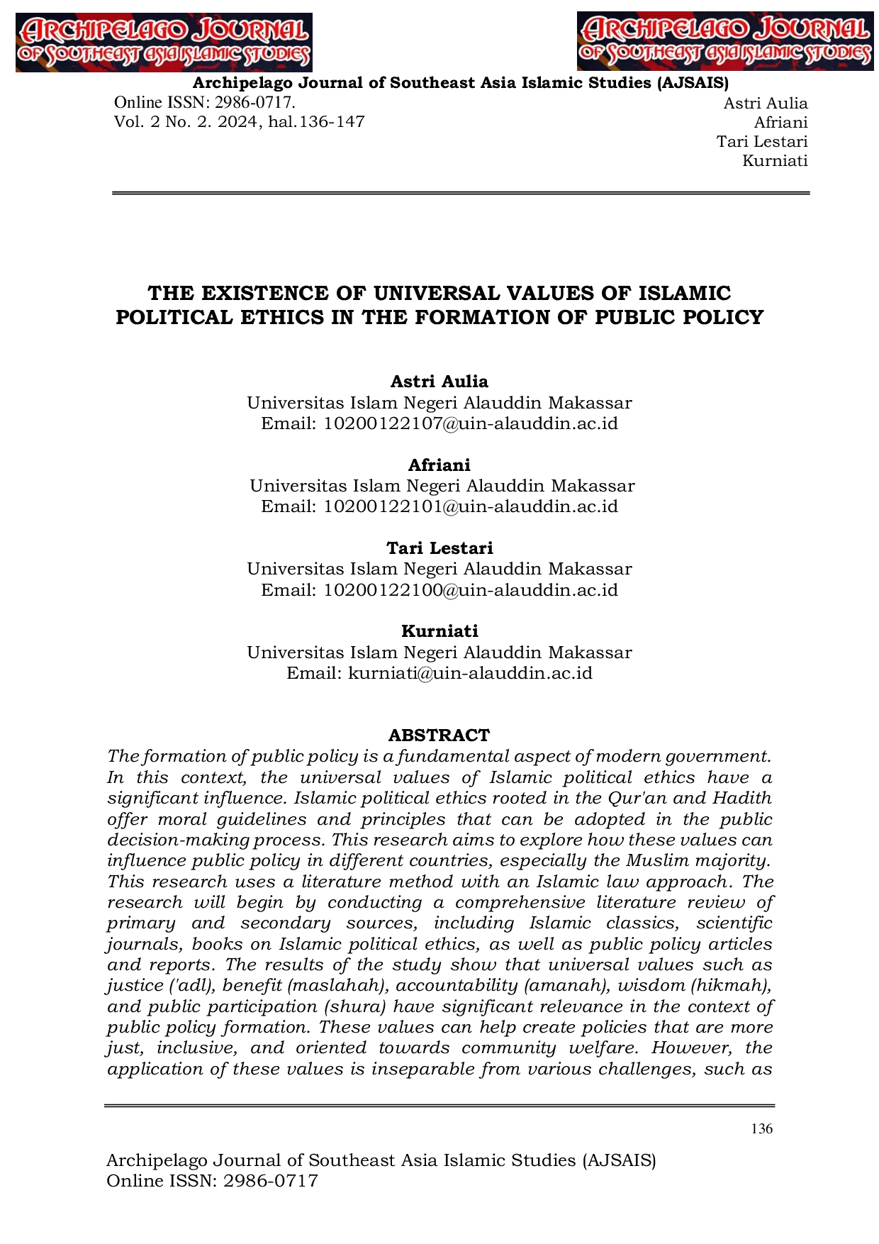 JURIS The Existence of Universal Values of Islamic Political Ethics in the Formation of Public Policy