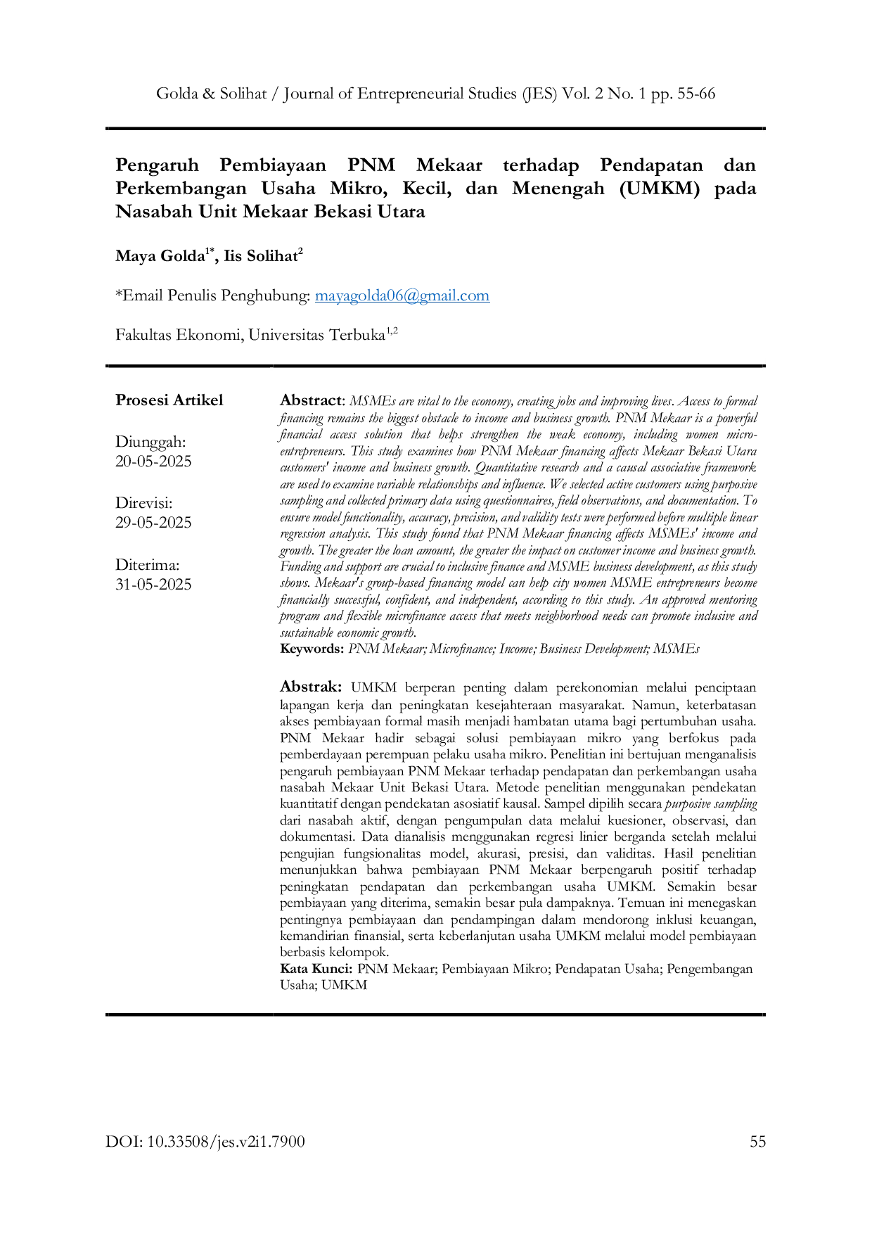 JURIS Pengaruh Pembiayaan PNM Mekaar terhadap Pendapatan dan Perkembangan Usaha Mikro Kecil dan Menengah UMKM pada Nasabah Unit Mekaar Bekasi Utara