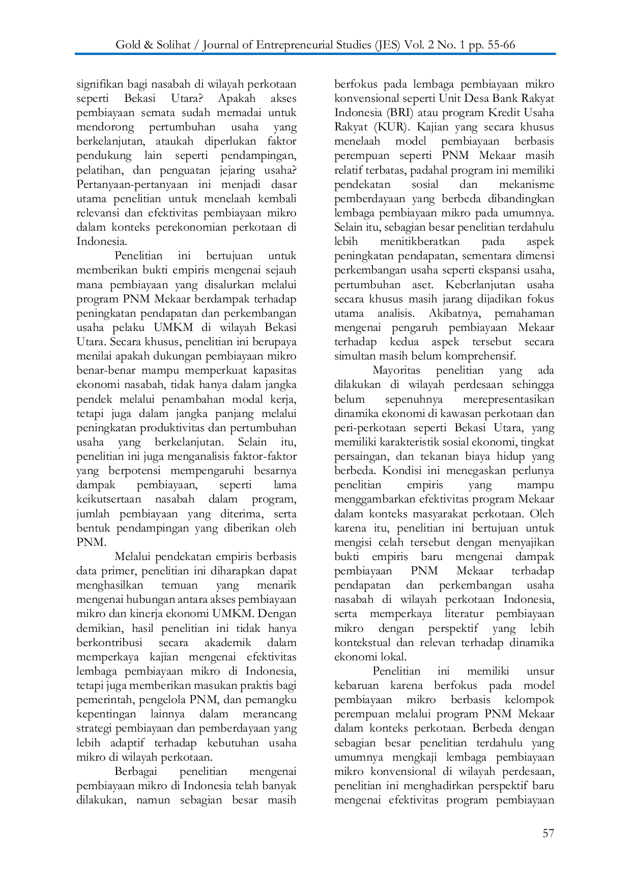 JURIS Pengaruh Pembiayaan PNM Mekaar terhadap Pendapatan dan Perkembangan Usaha Mikro Kecil dan Menengah UMKM pada Nasabah Unit Mekaar Bekasi Utara