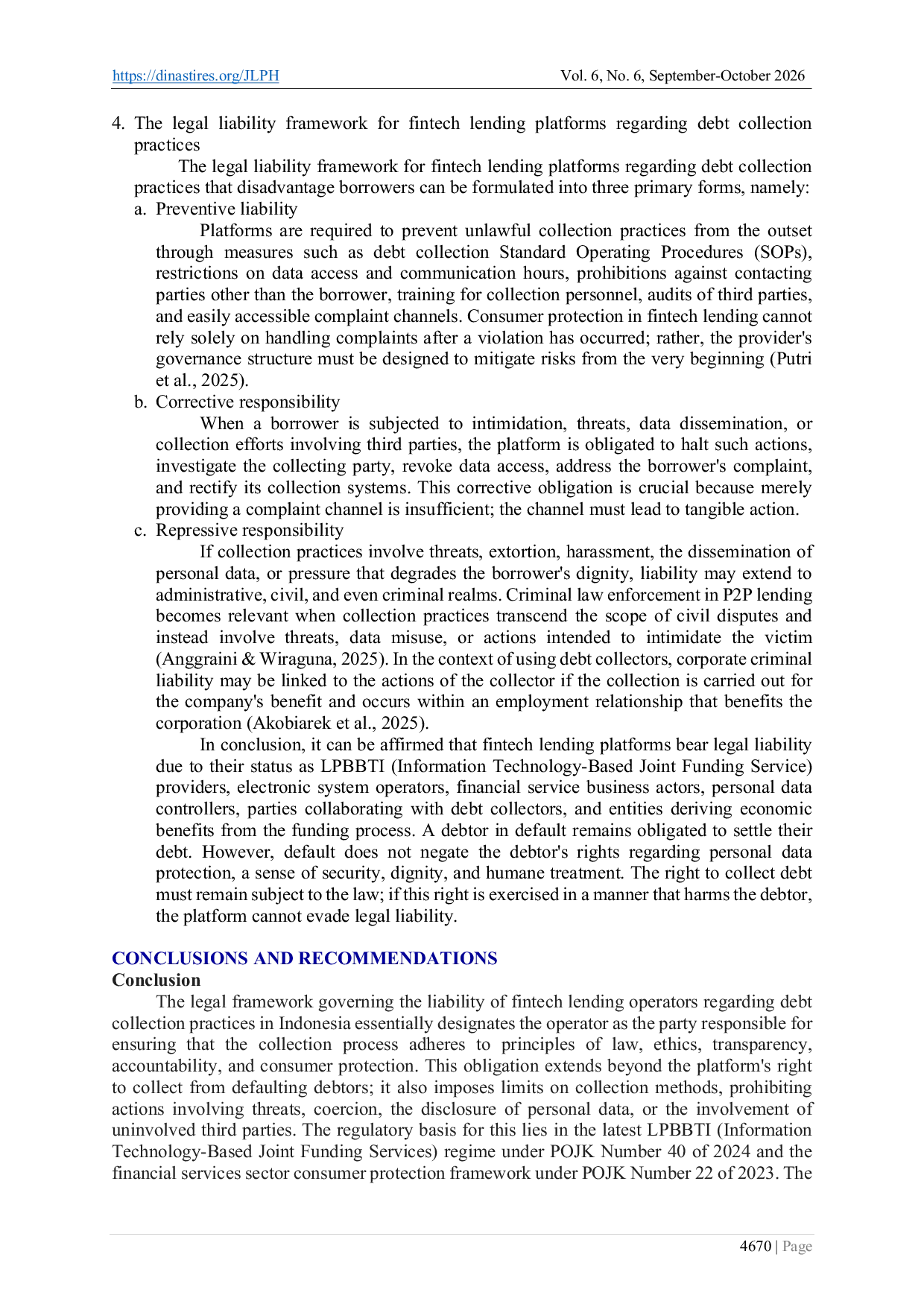 JURIS Legal Liability of Fintech Lending Platforms Regarding Debt Collection Practices Against Borrowers
