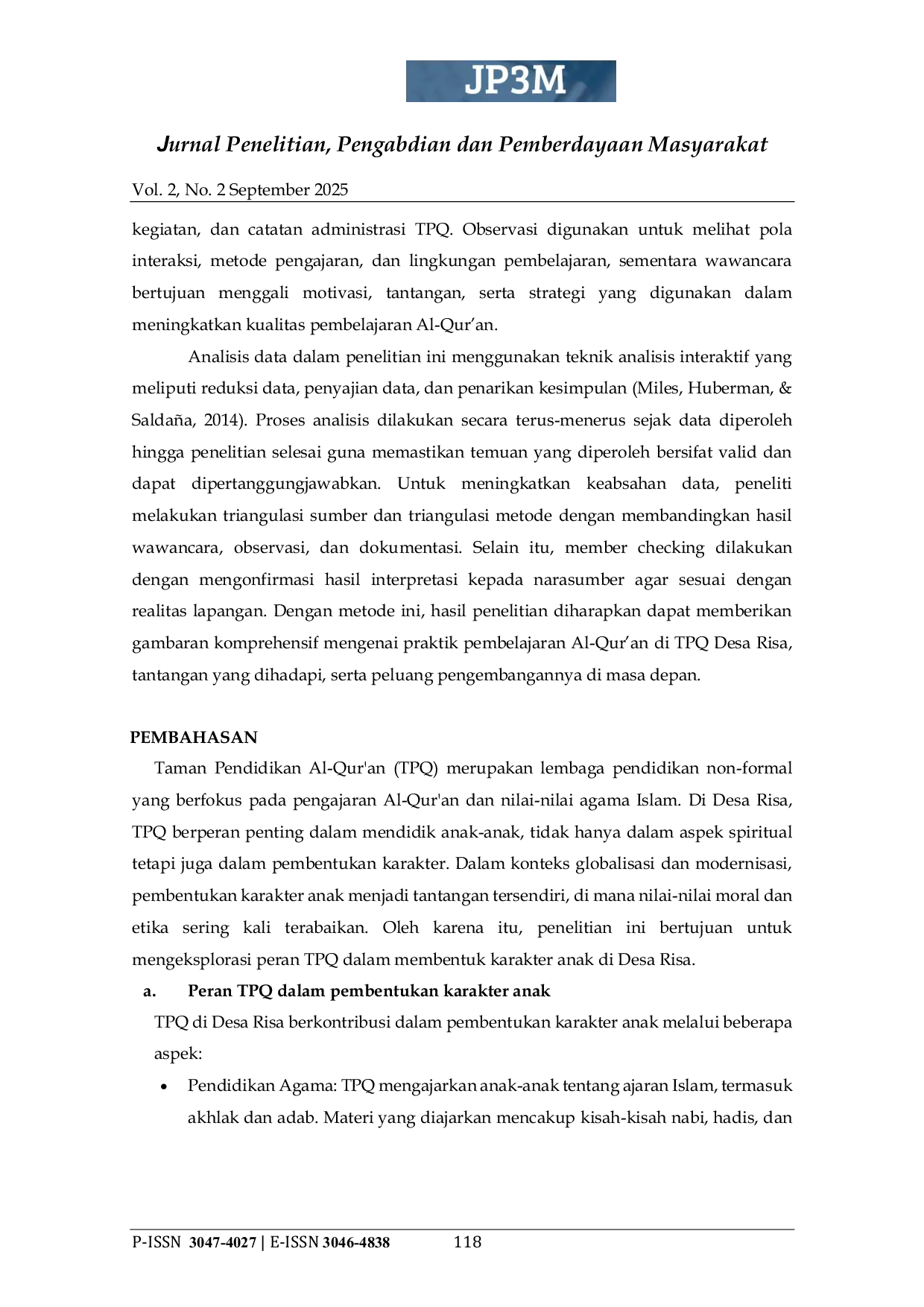 JURIS Peran TPQ dalam Pembentukan Karakter Keimanan dan Ketakwaan Anak di Desa Risa
