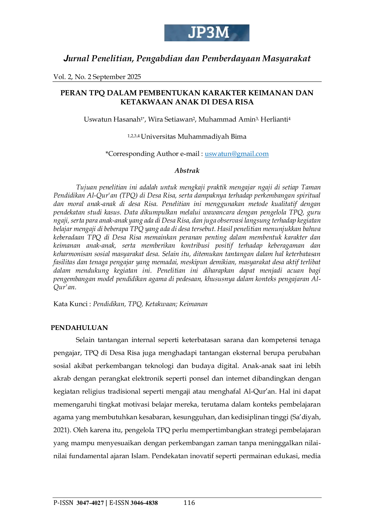 JURIS Peran TPQ dalam Pembentukan Karakter Keimanan dan Ketakwaan Anak di Desa Risa