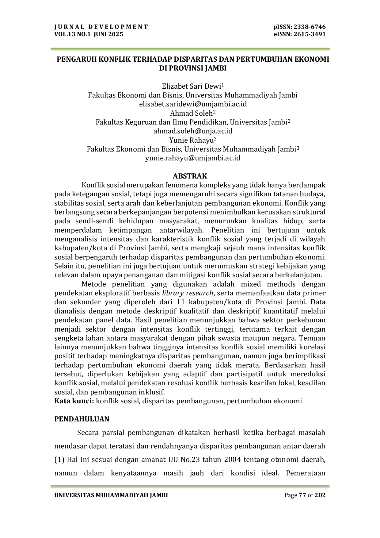JURIS Pengaruh Konflik Terhadap Disparitas Dan Pertumbuhan Ekonomi Di Provinsi Jambi