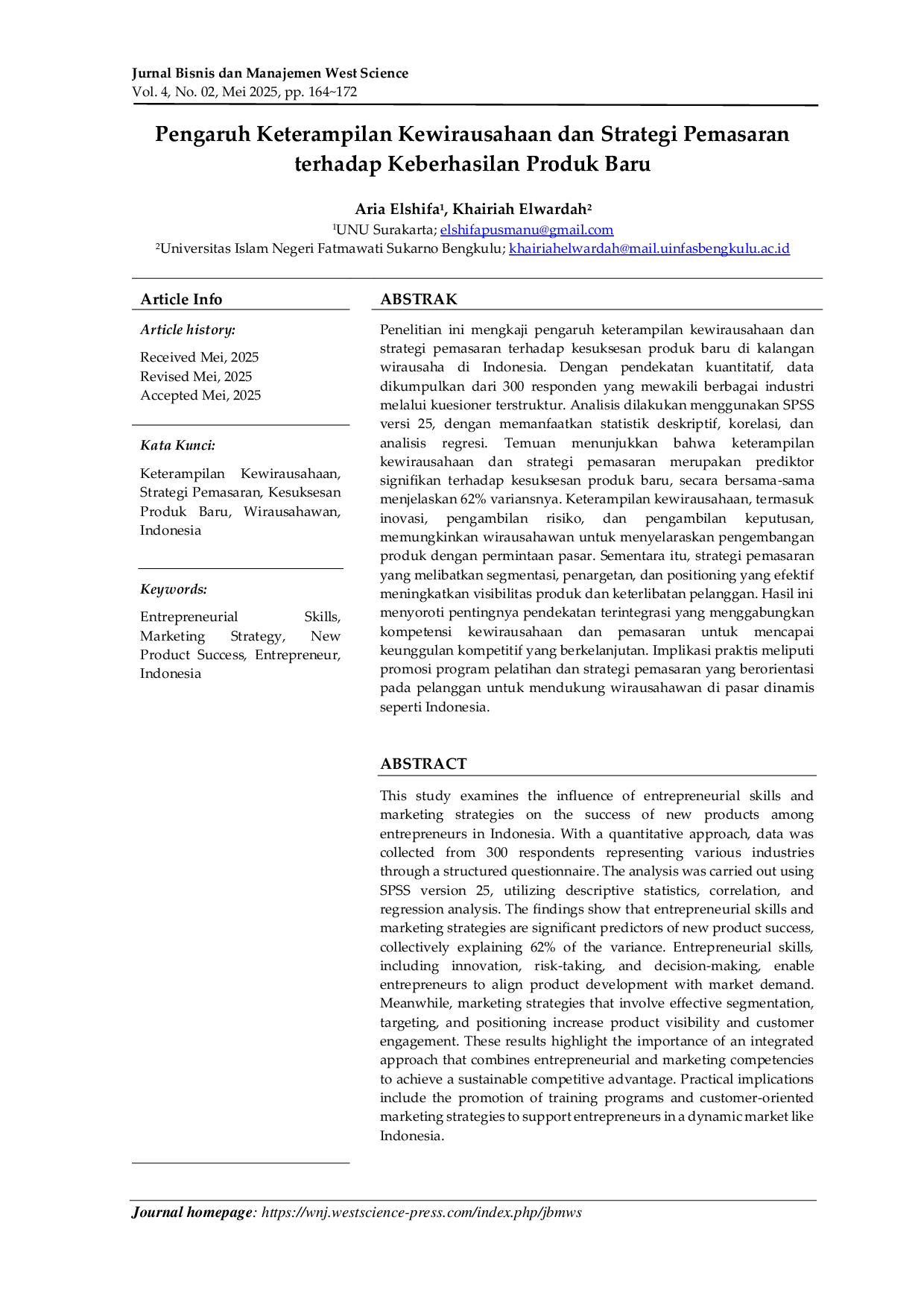 JURIS Pengaruh Keterampilan Kewirausahaan dan Strategi Pemasaran terhadap Keberhasilan Produk Baru
